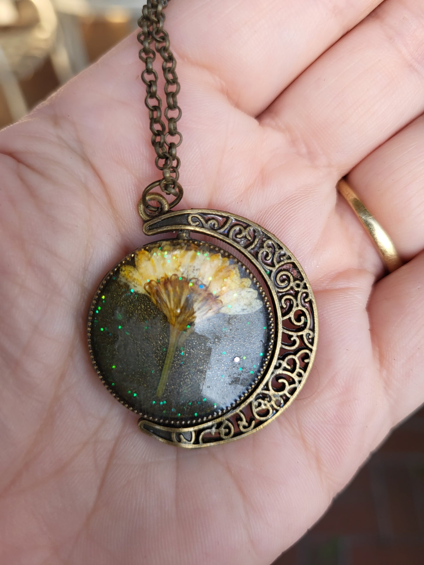 Ornate Moon Shaped Bronze Double Sided Pendant