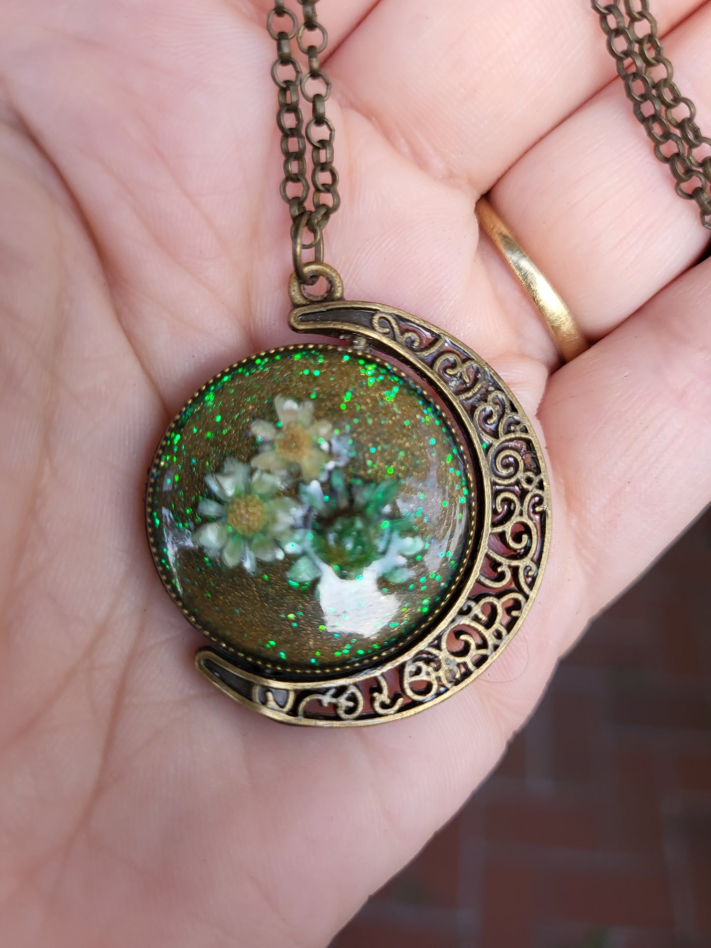 Ornate Moon Shaped Bronze Double Sided Pendant