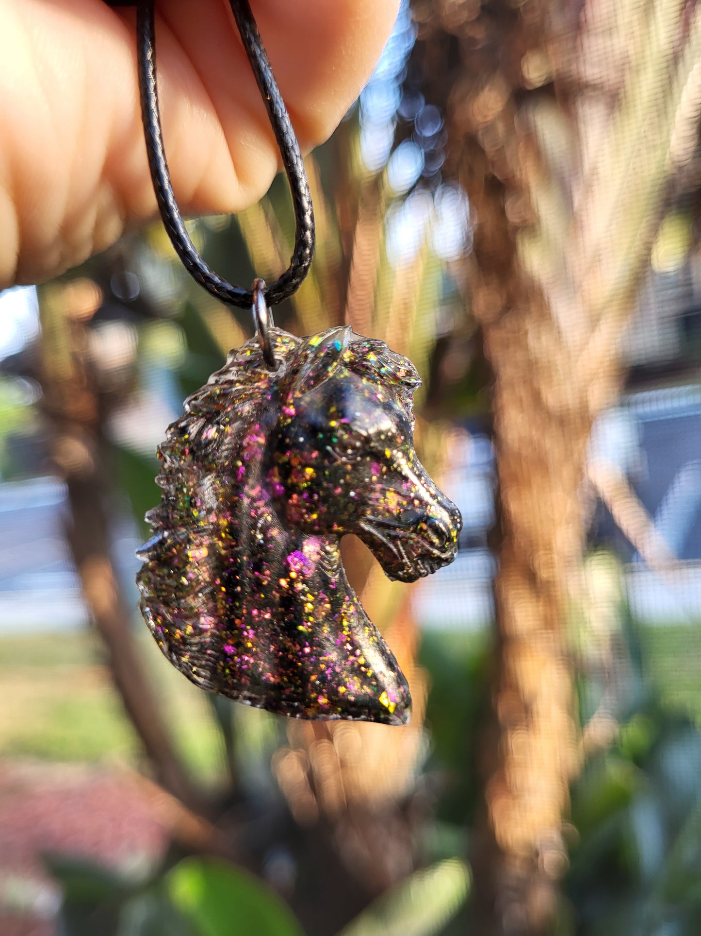 Sparkling Black Horse Head Pendant