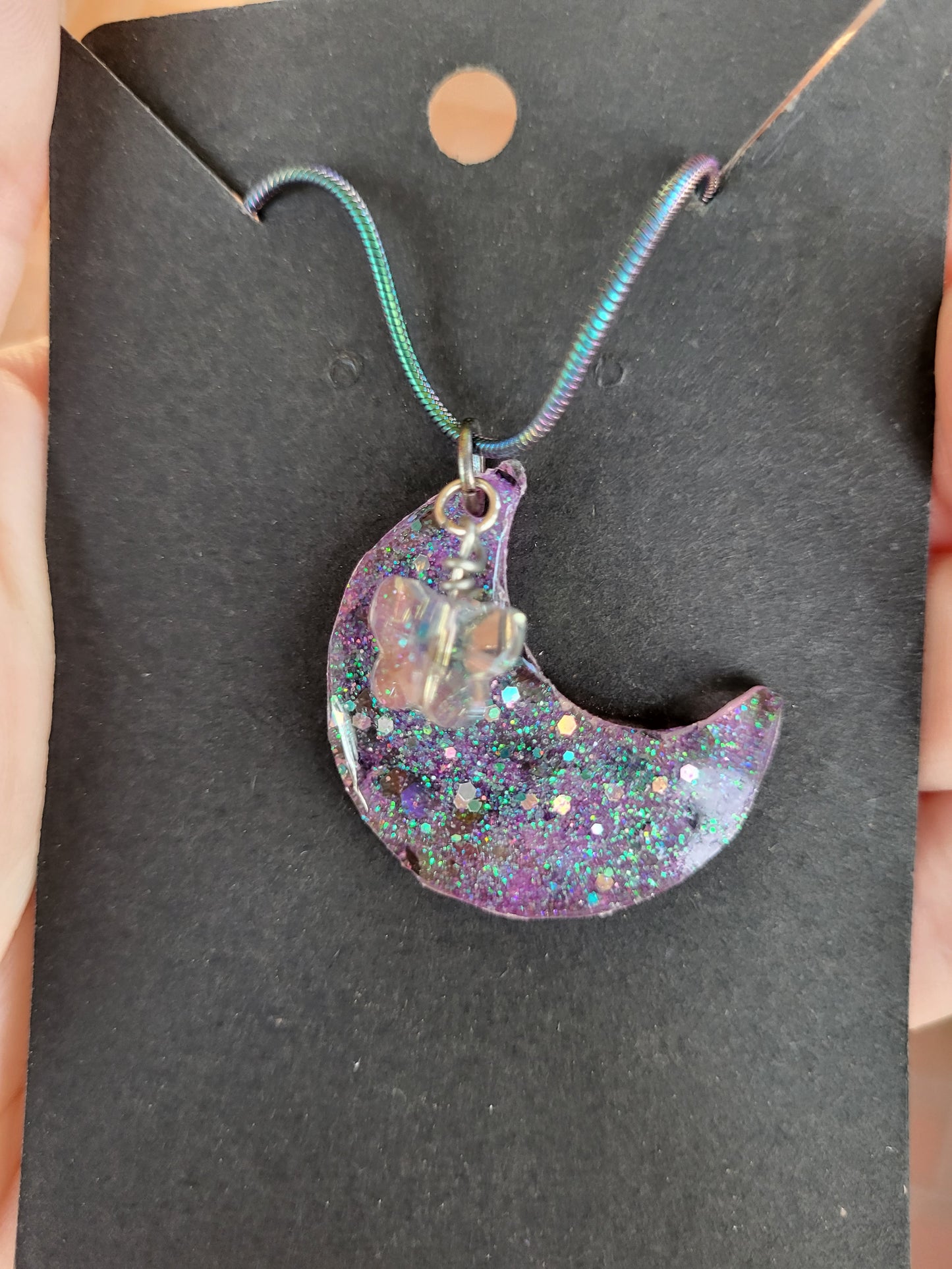 Sparkling Moon Pendant With Butterfly Charm