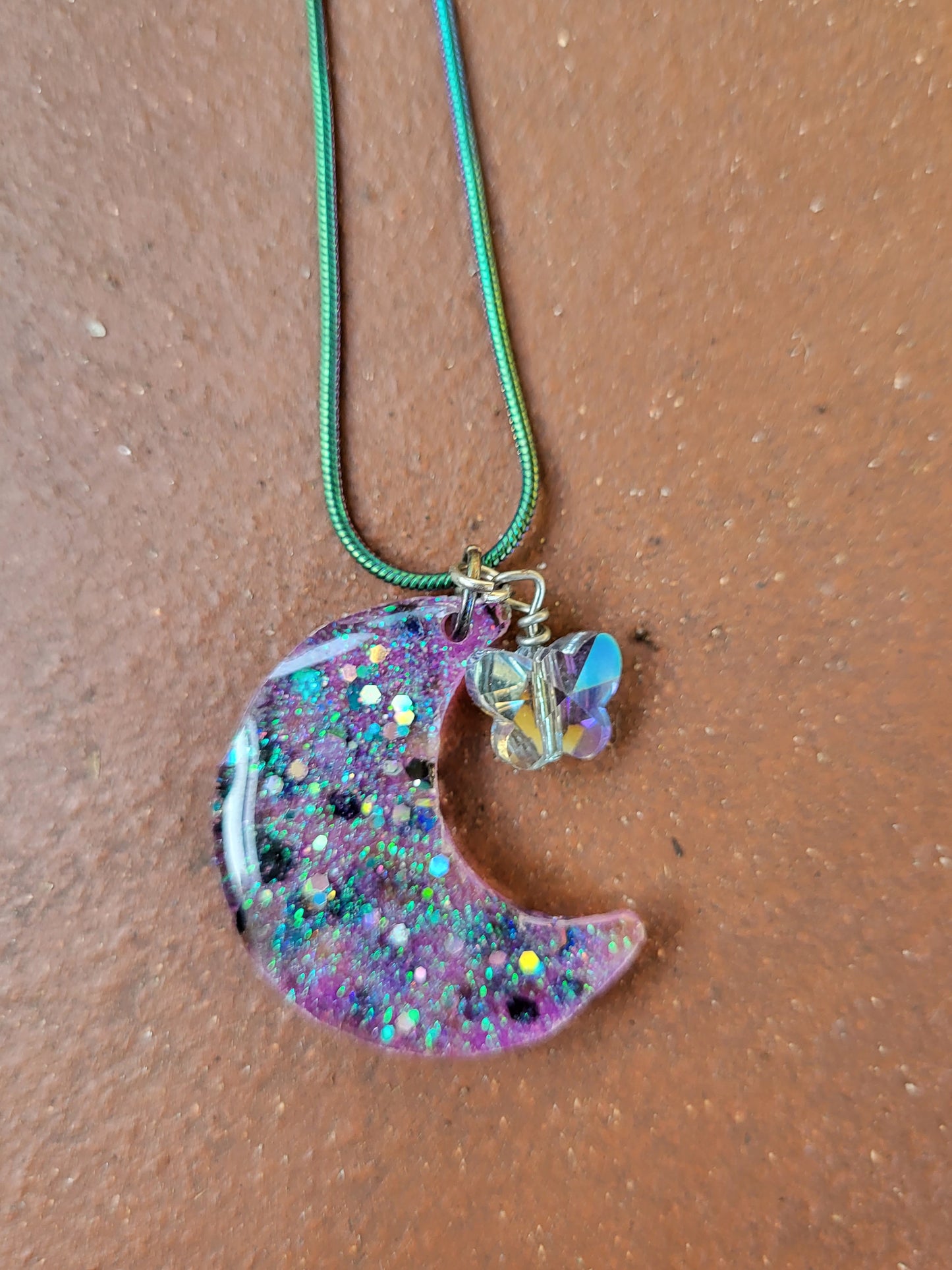 Sparkling Moon Pendant With Butterfly Charm