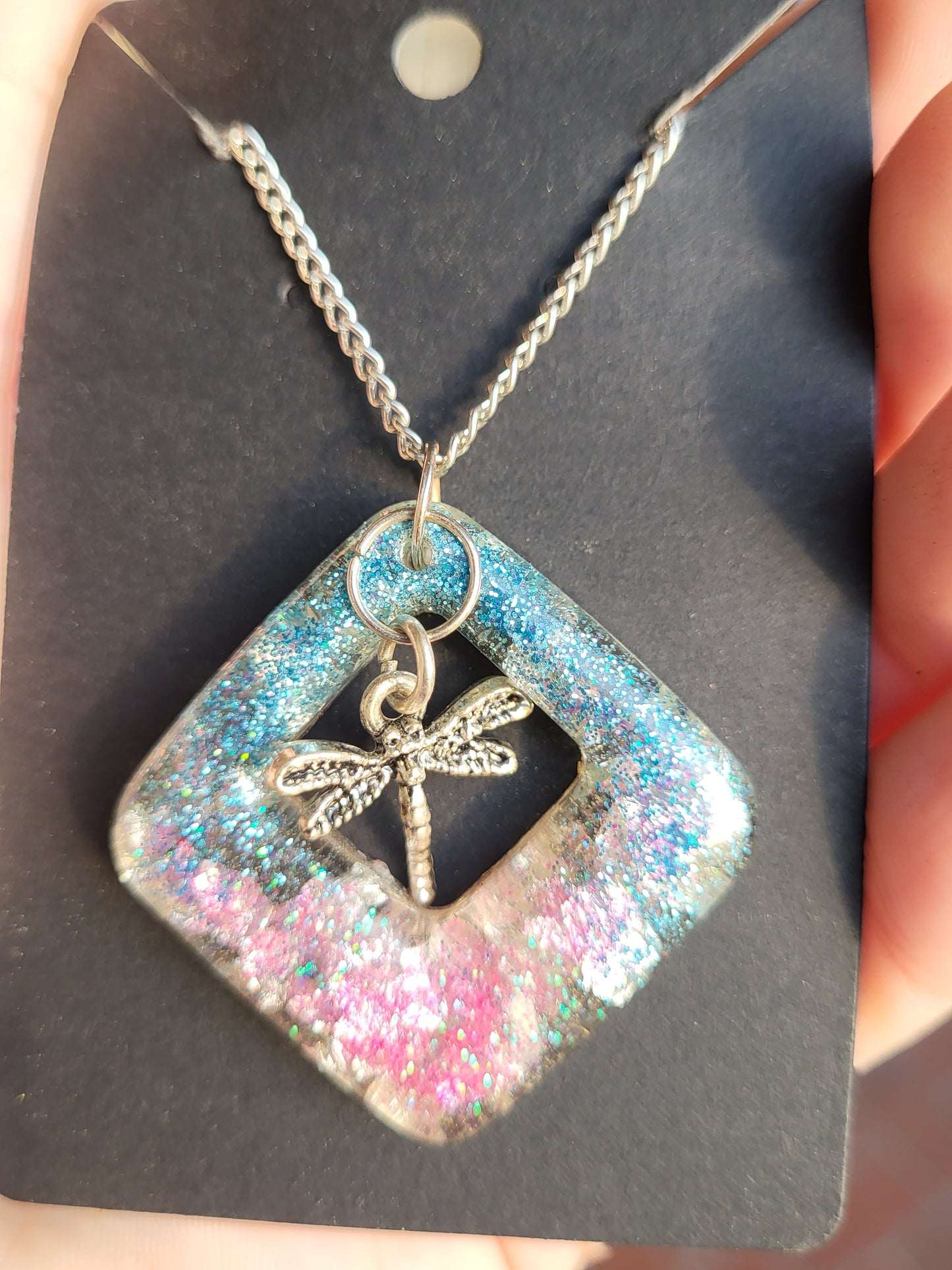 Pink and Turquoise Diamond Shaped Necklace with Dragonfly Charm