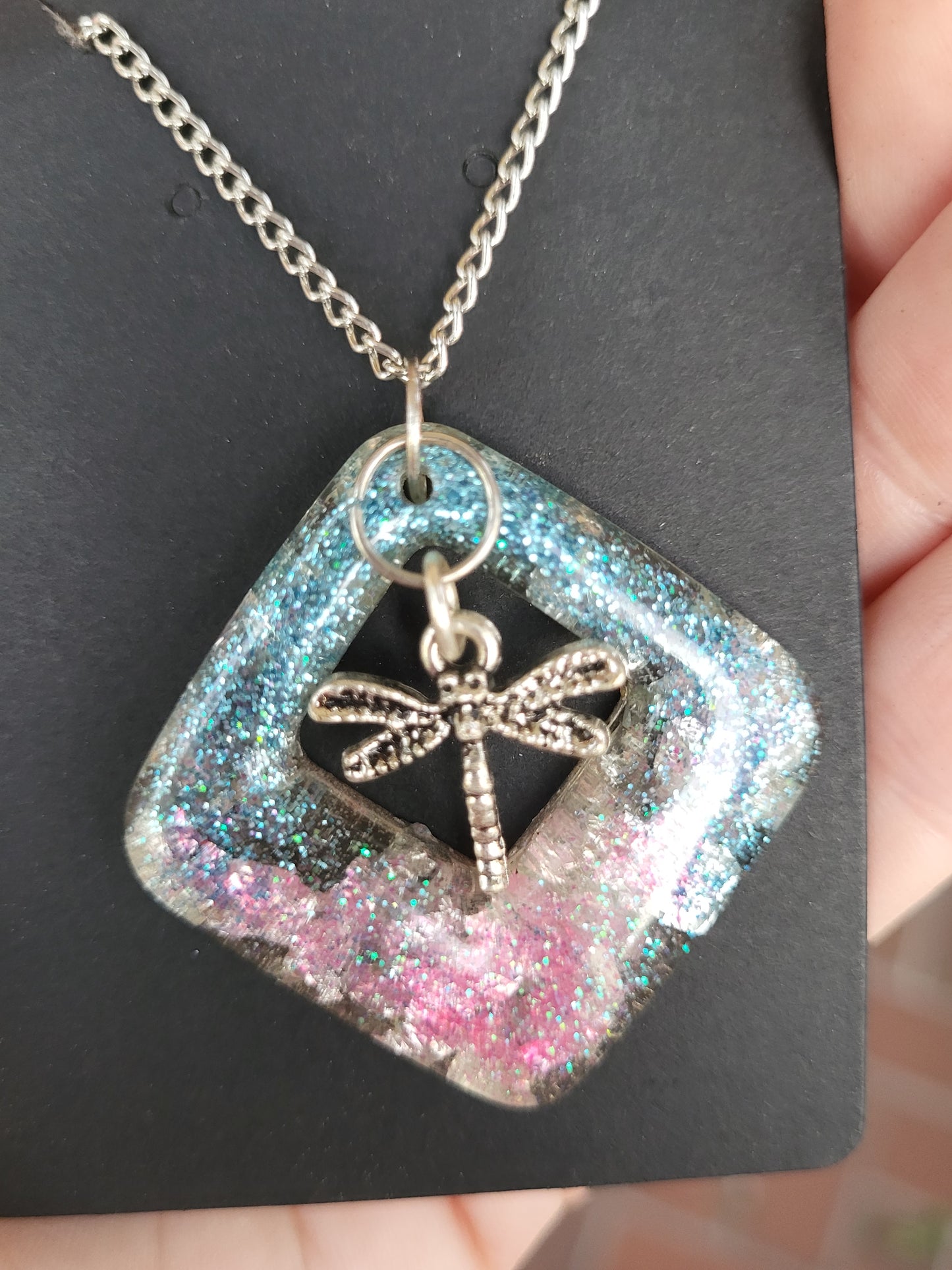 Pink and Turquoise Diamond Shaped Necklace with Dragonfly Charm