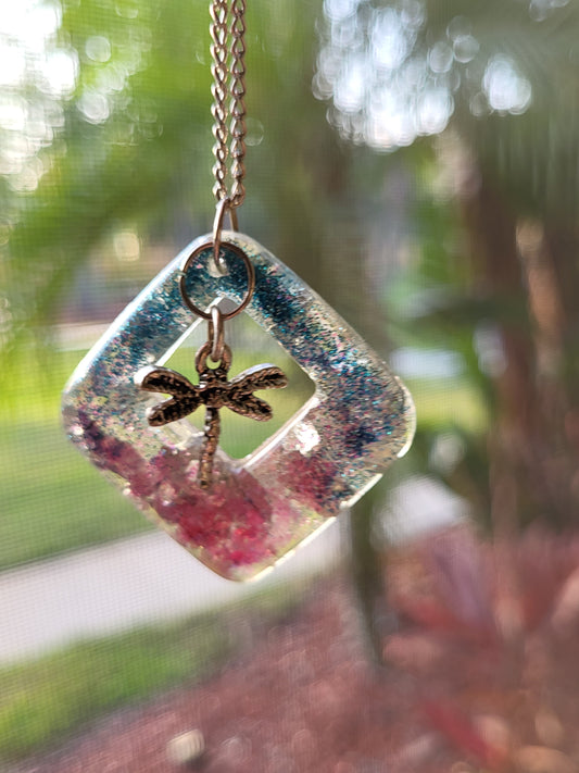 Pink and Turquoise Diamond Shaped Necklace with Dragonfly Charm