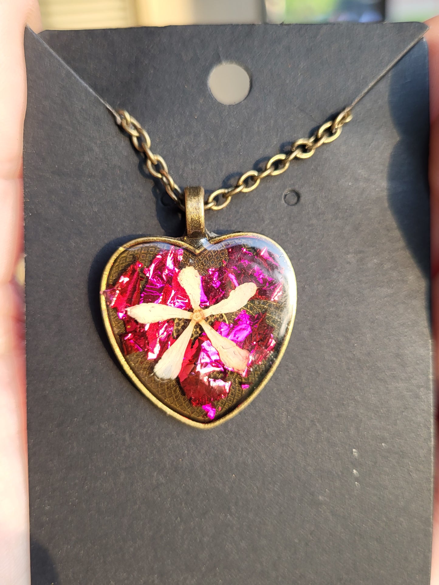 Bronze and Pink Heart Pendant With Real Flowers