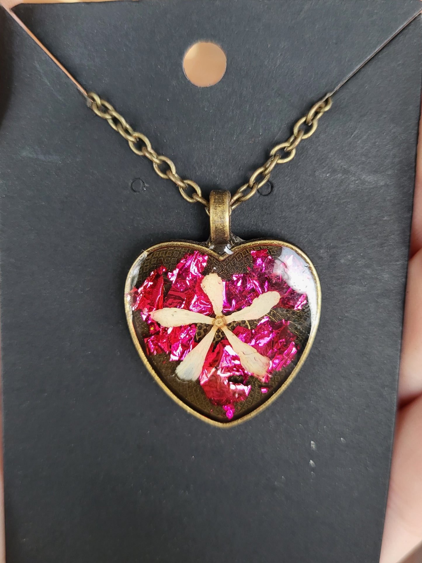 Bronze and Pink Heart Pendant With Real Flowers