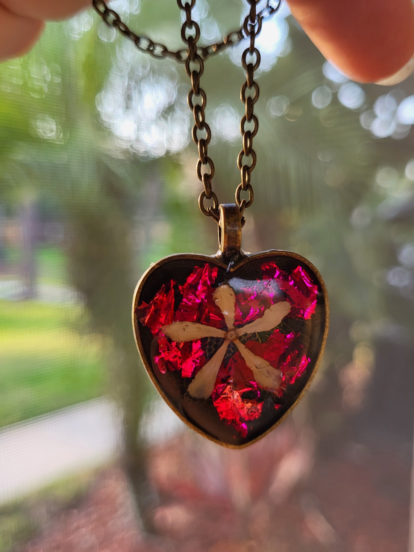 Bronze and Pink Heart Pendant With Real Flowers