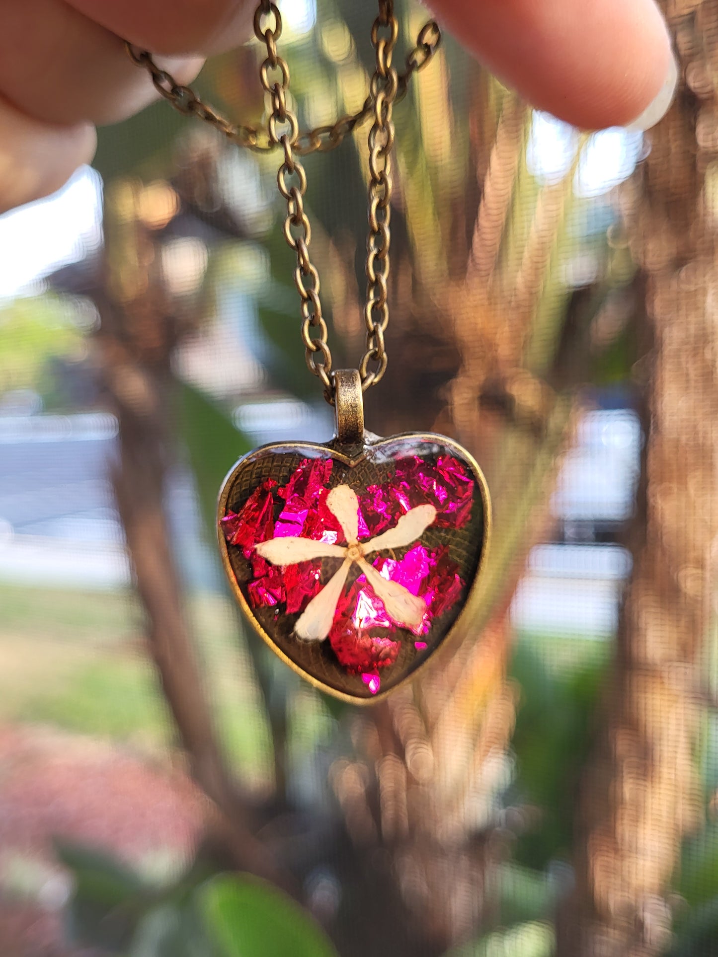 Bronze and Pink Heart Pendant With Real Flowers