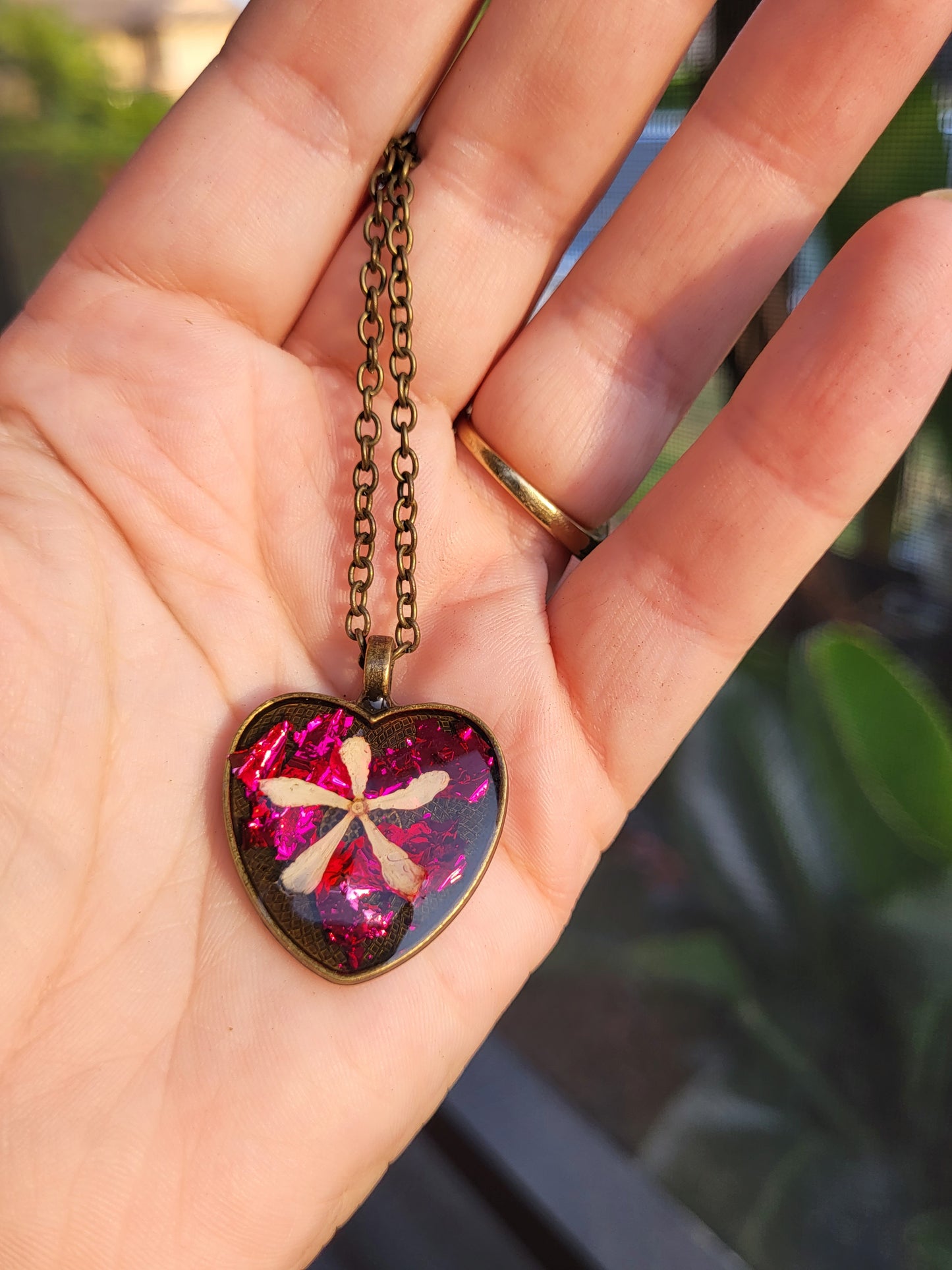 Bronze and Pink Heart Pendant With Real Flowers