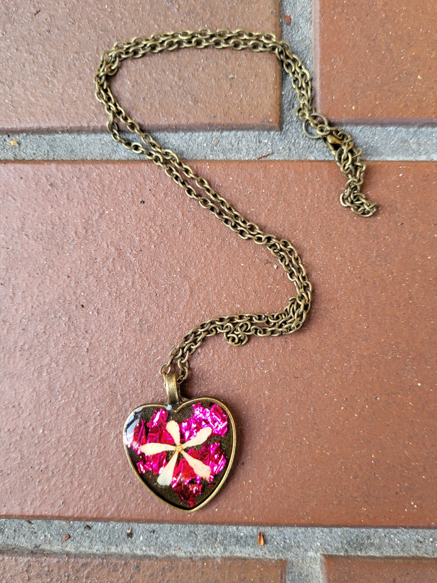 Bronze and Pink Heart Pendant With Real Flowers