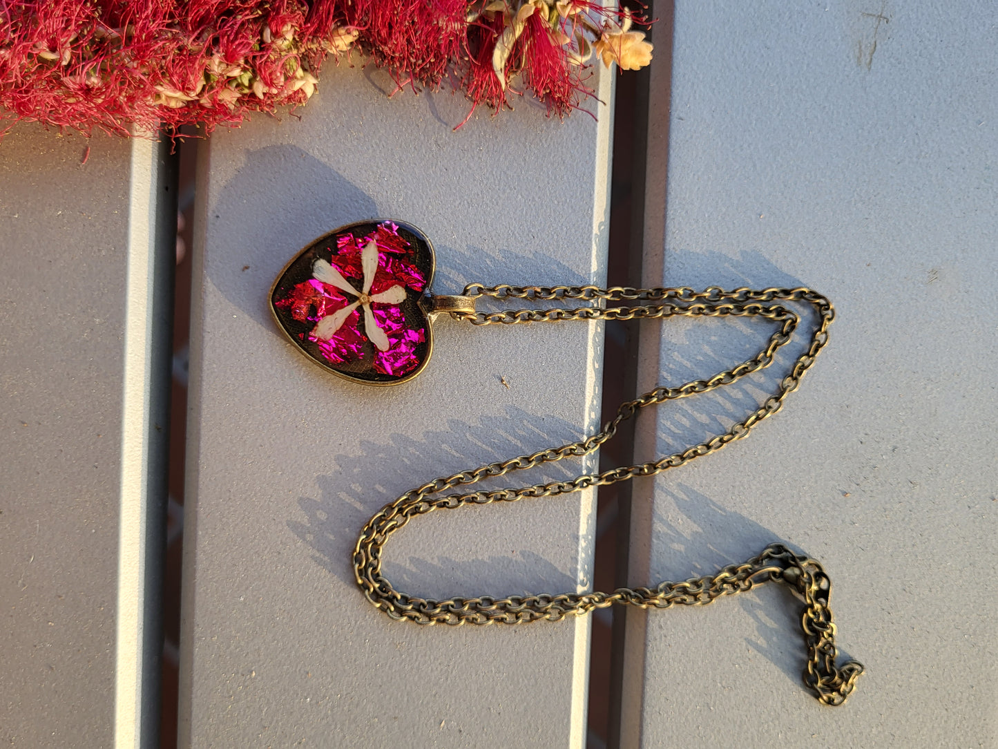 Bronze and Pink Heart Pendant With Real Flowers