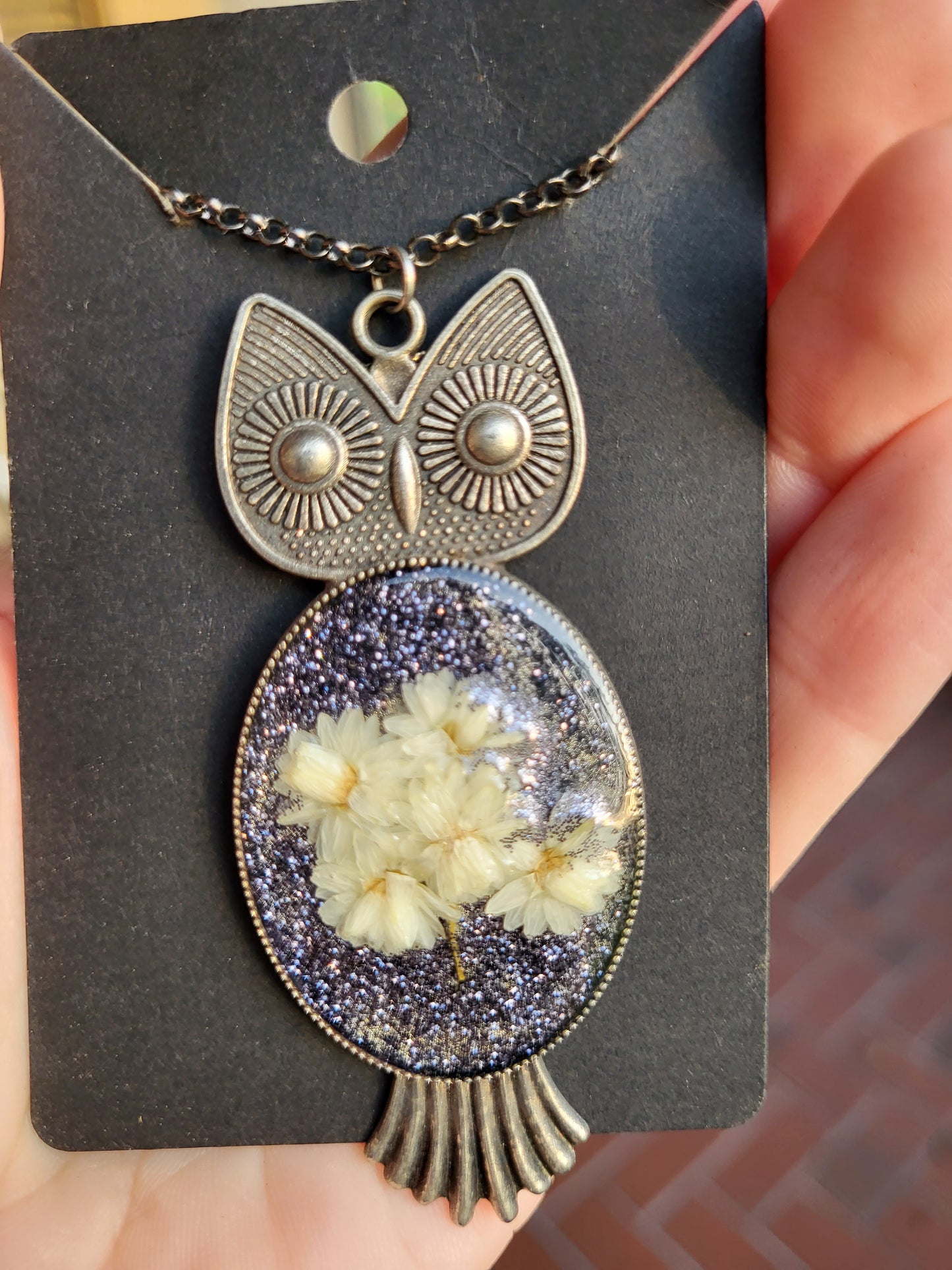 Owl Pendant With Real Flowers