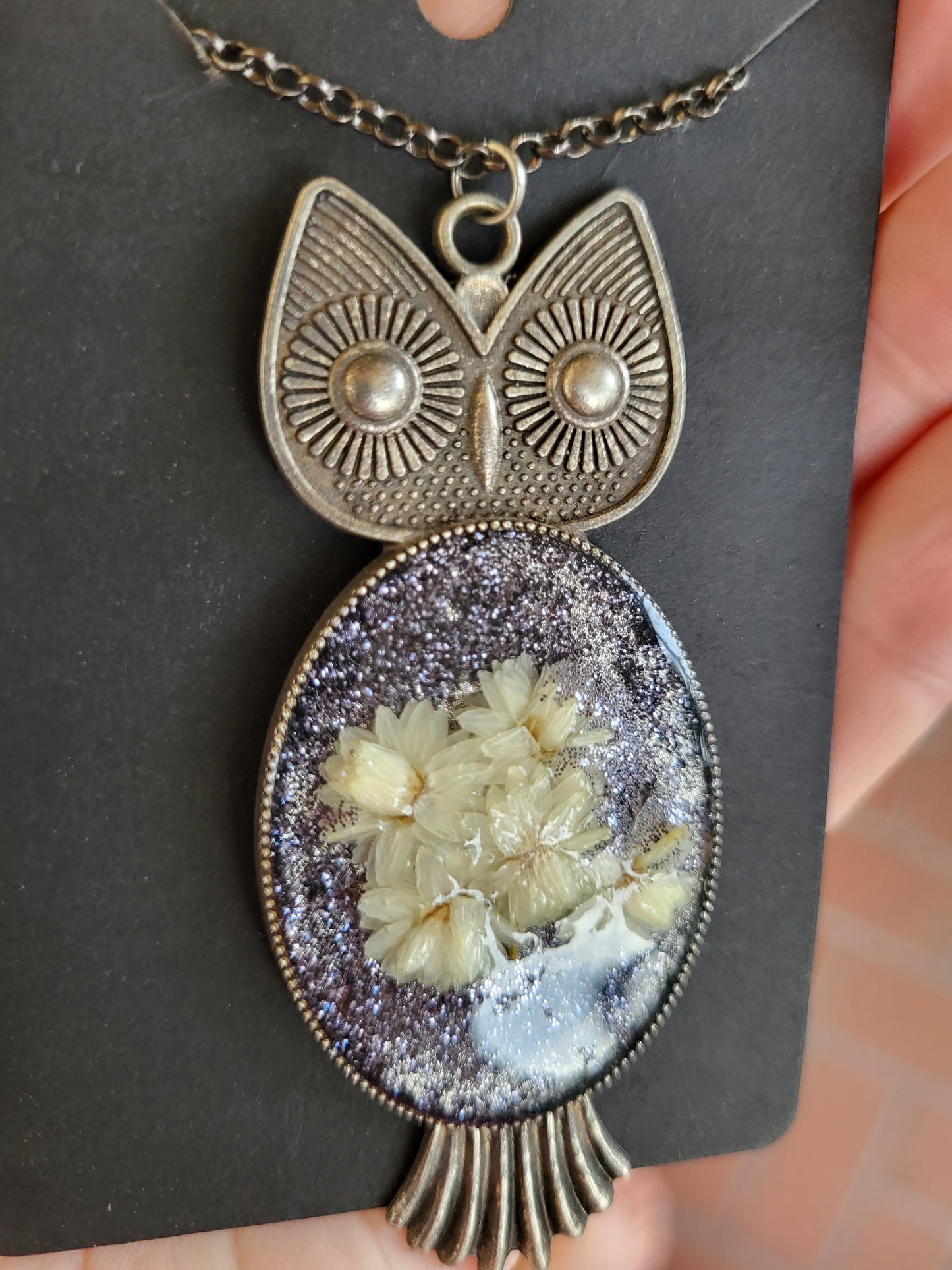 Owl Pendant With Real Flowers