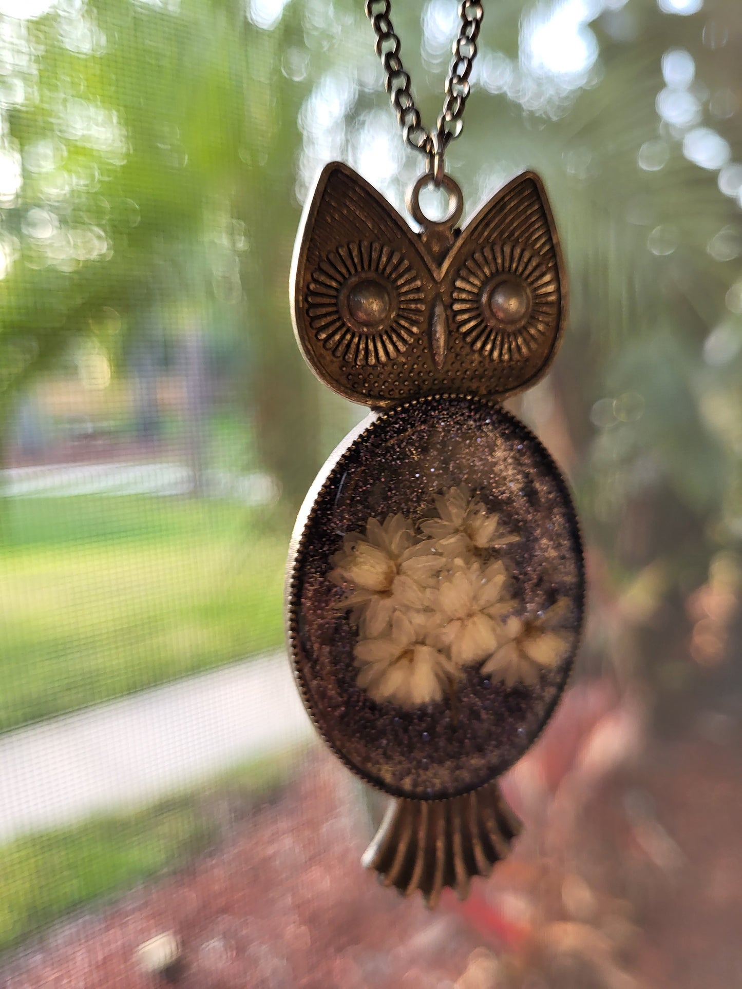 Owl Pendant With Real Flowers