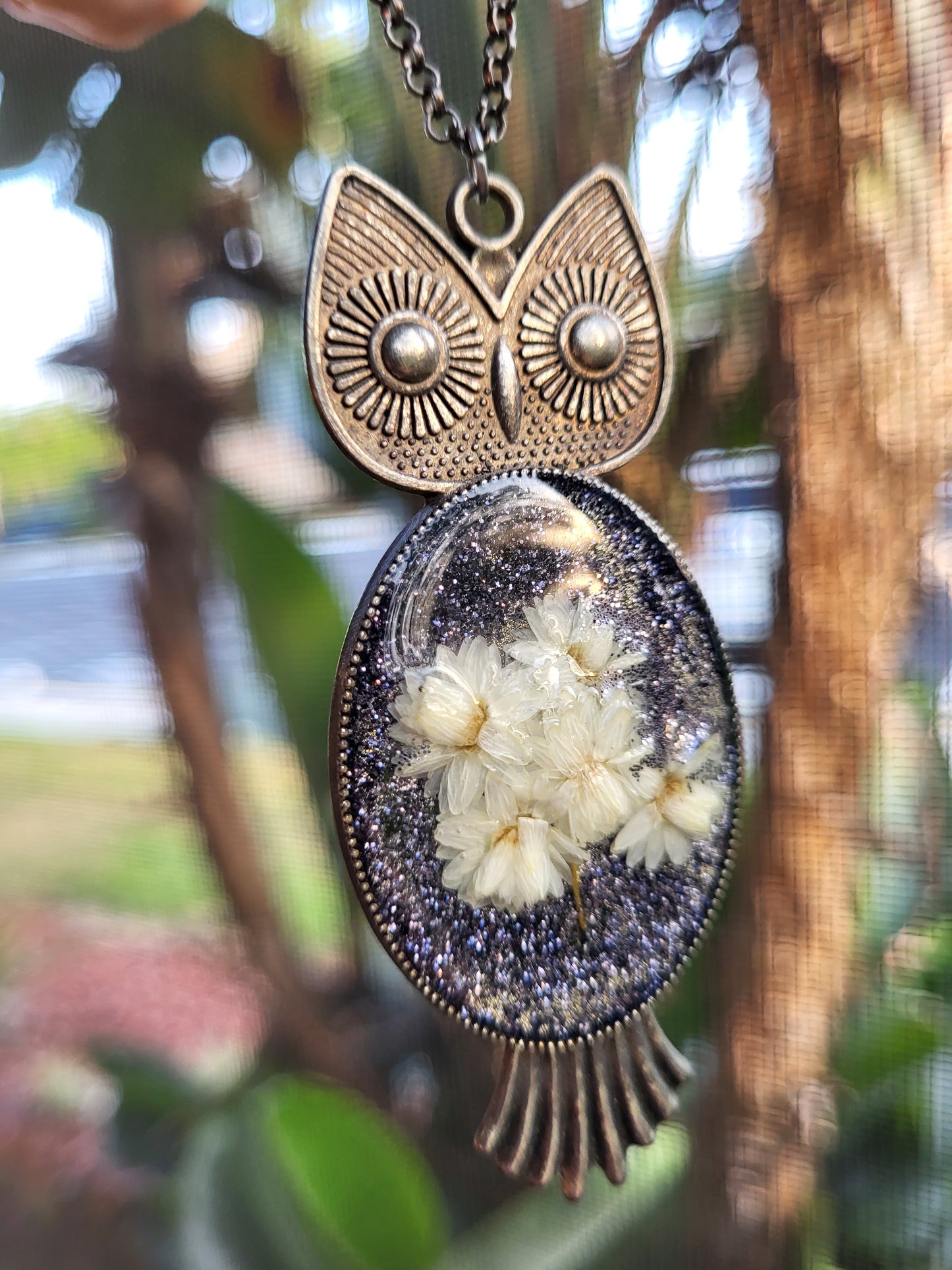 Owl Pendant With Real Flowers