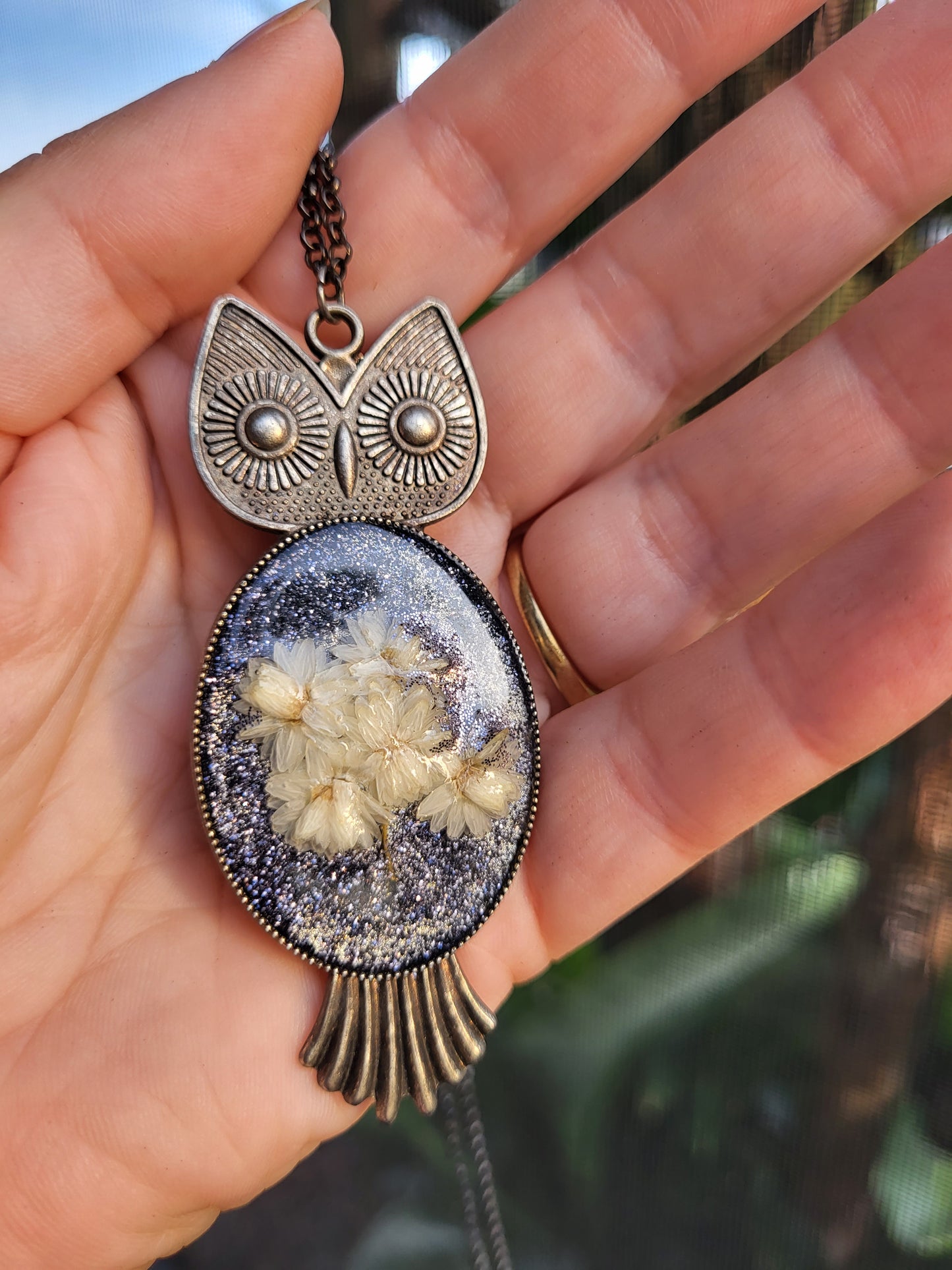 Owl Pendant With Real Flowers