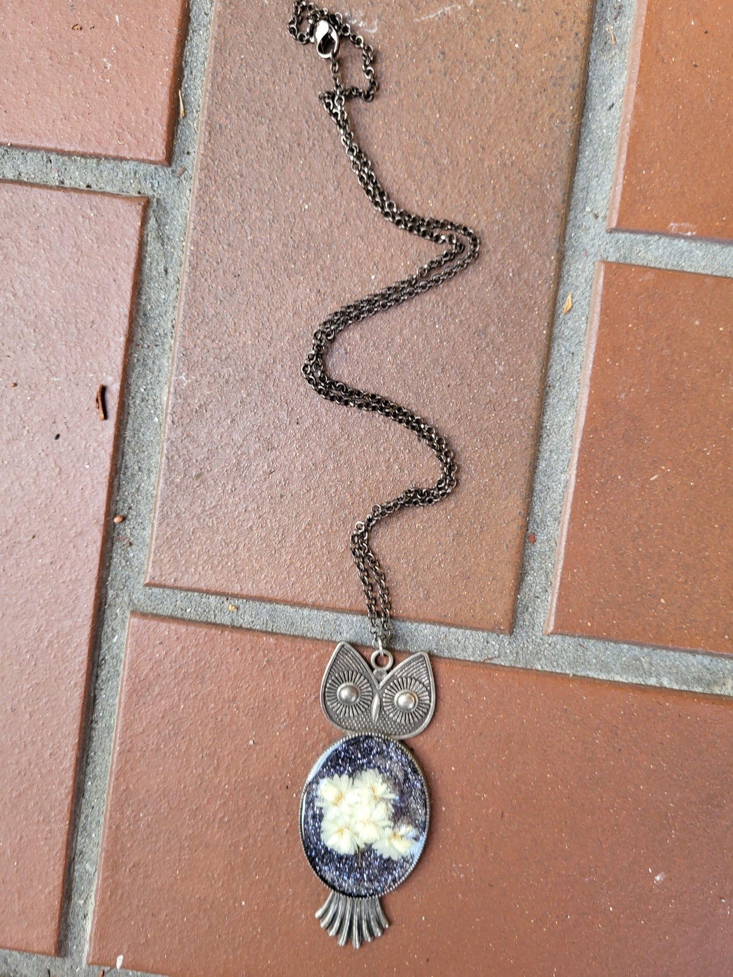 Owl Pendant With Real Flowers