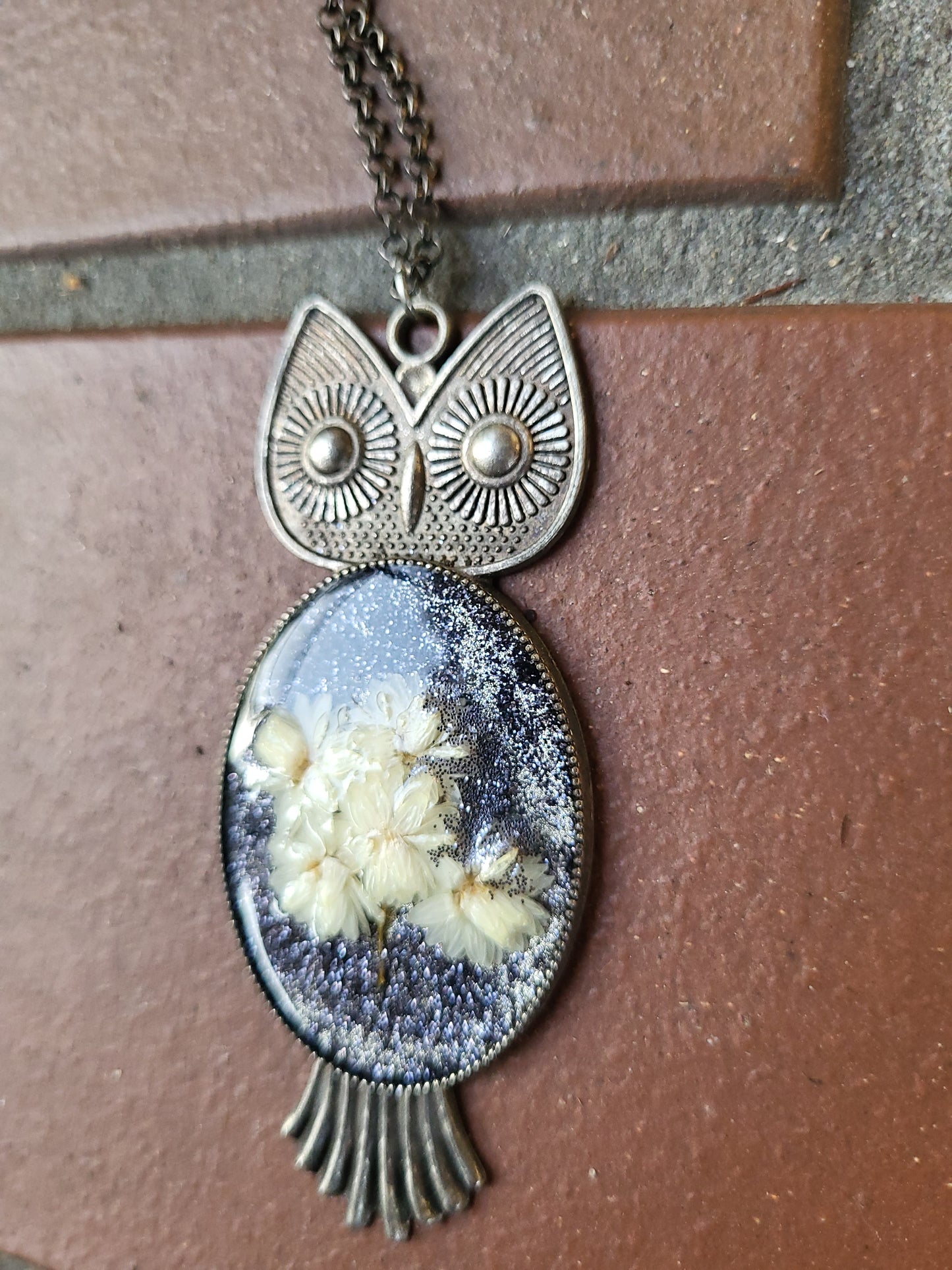 Owl Pendant With Real Flowers