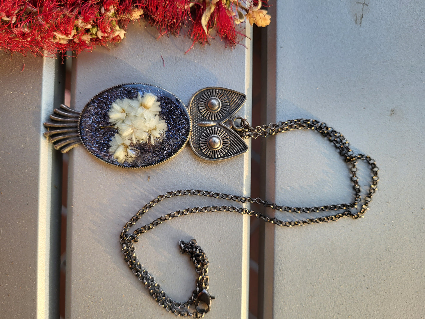 Owl Pendant With Real Flowers