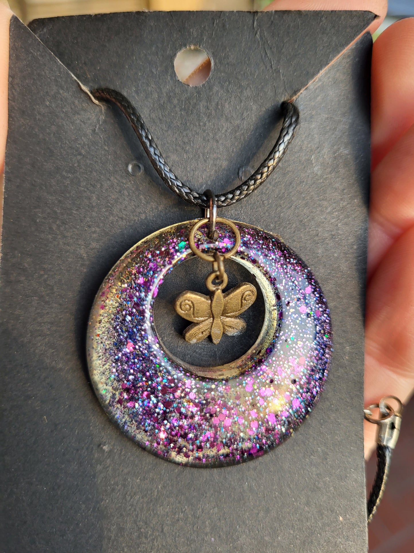 Purple Circle Pendant with Butterfly Charm