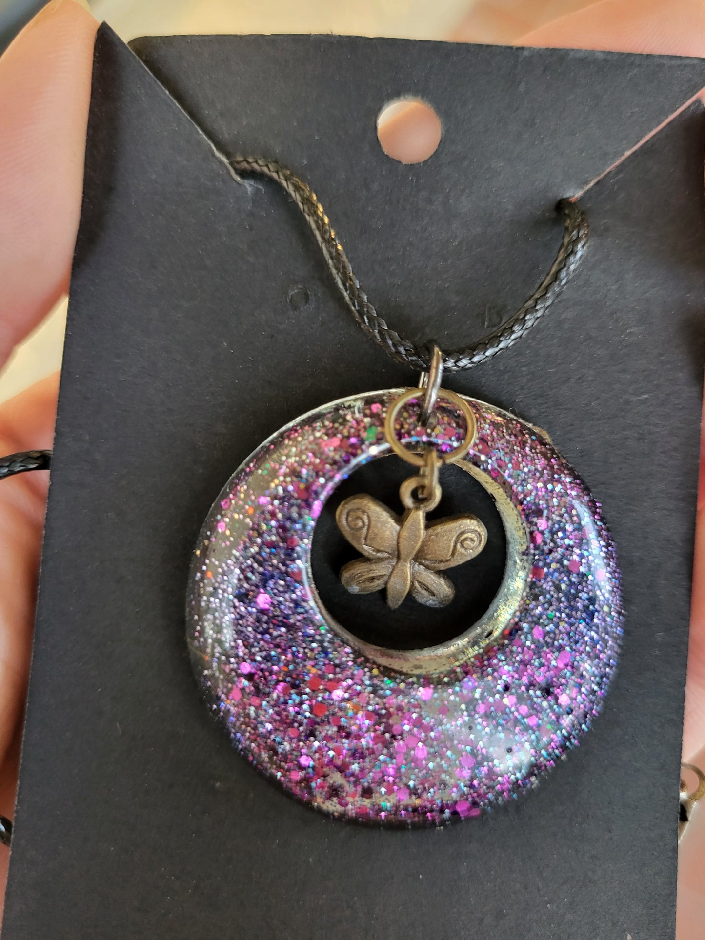 Purple Circle Pendant with Butterfly Charm