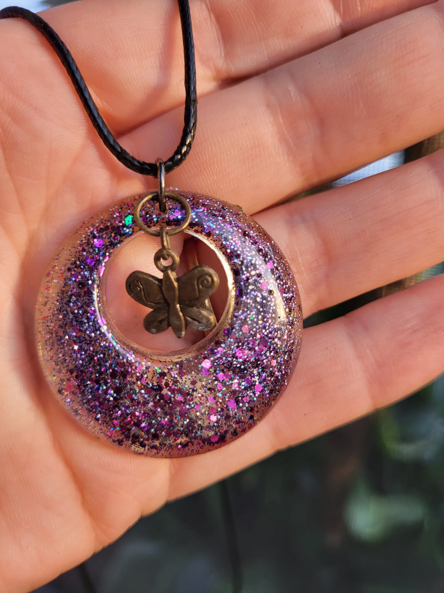 Purple Circle Pendant with Butterfly Charm