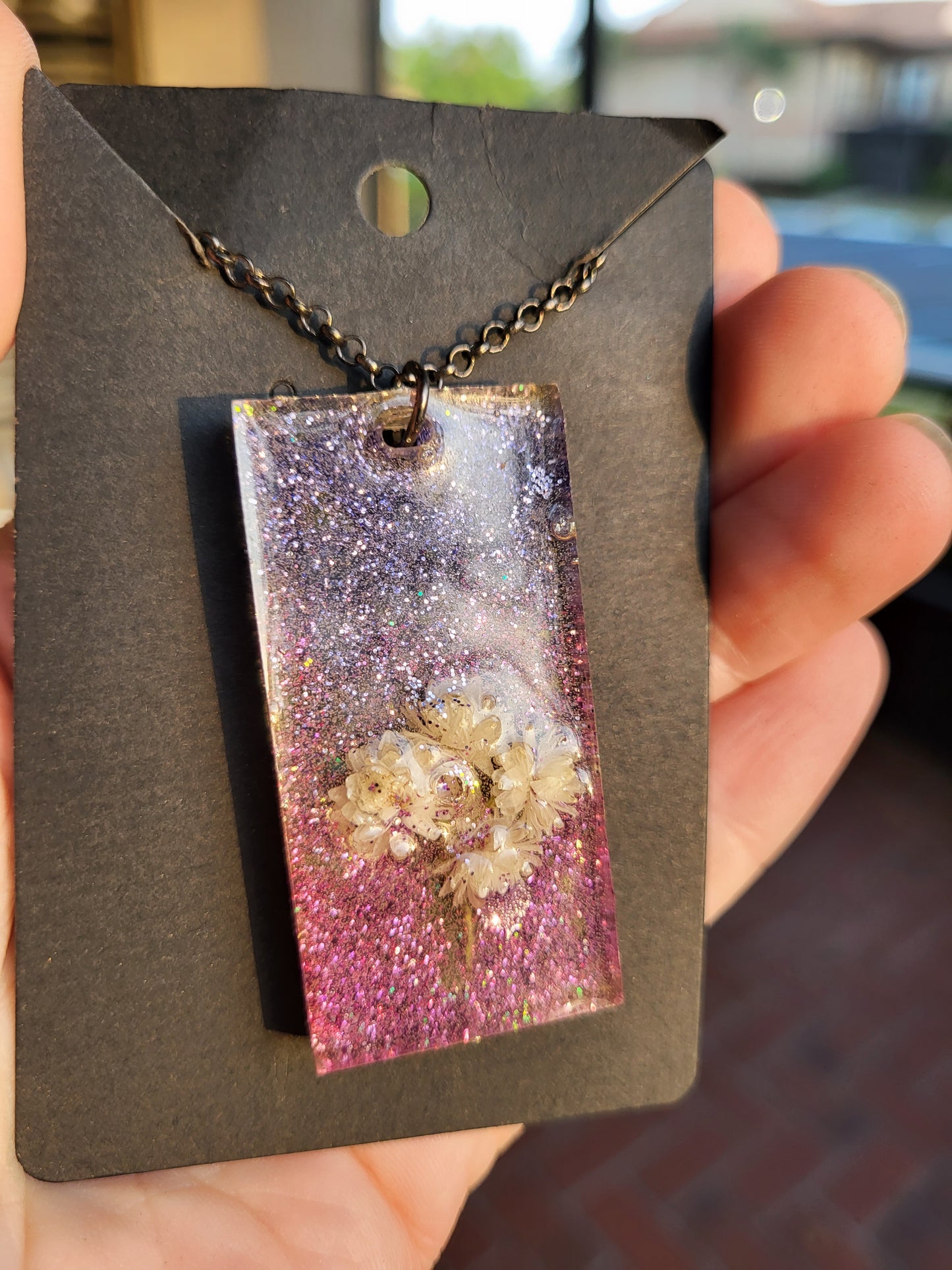 Pink And Purple Rectangle Necklace With Real Flowers