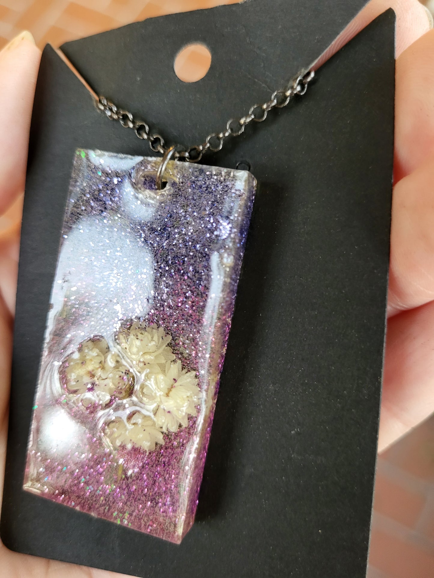 Pink And Purple Rectangle Necklace With Real Flowers