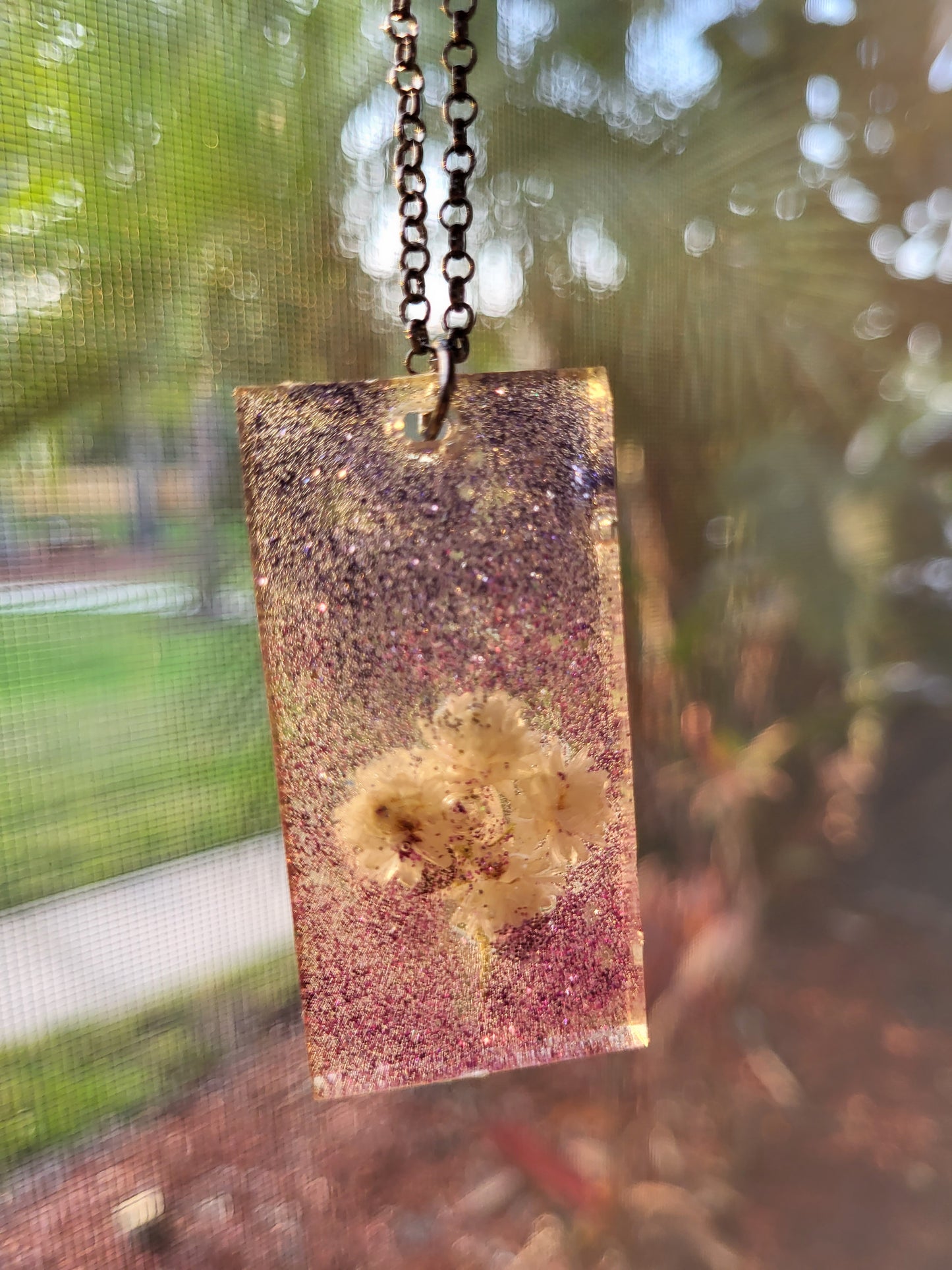 Pink And Purple Rectangle Necklace With Real Flowers