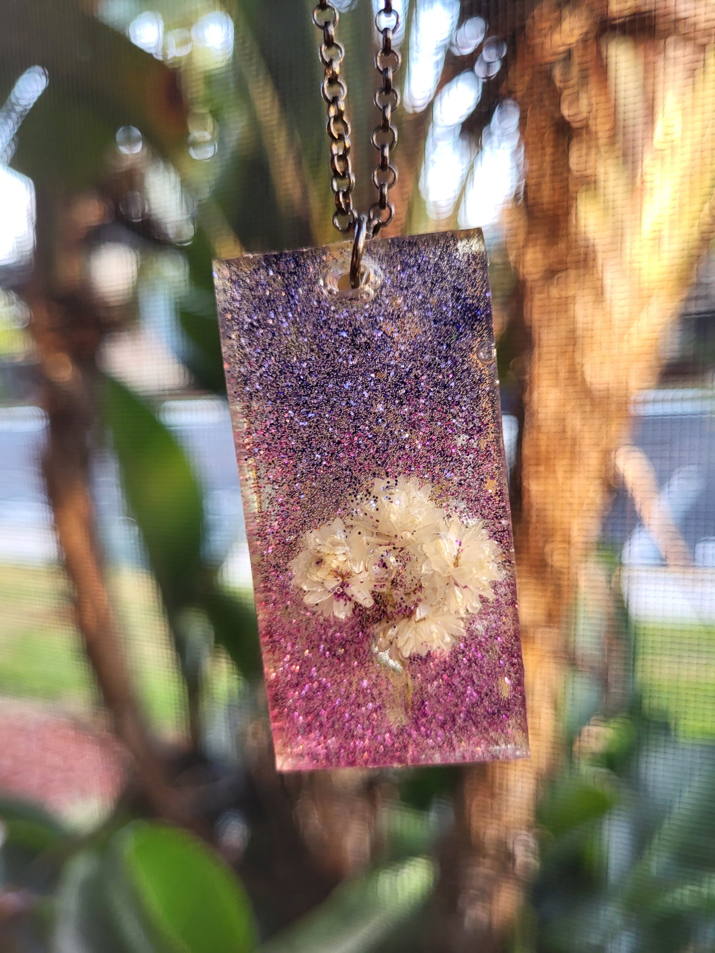 Pink And Purple Rectangle Necklace With Real Flowers