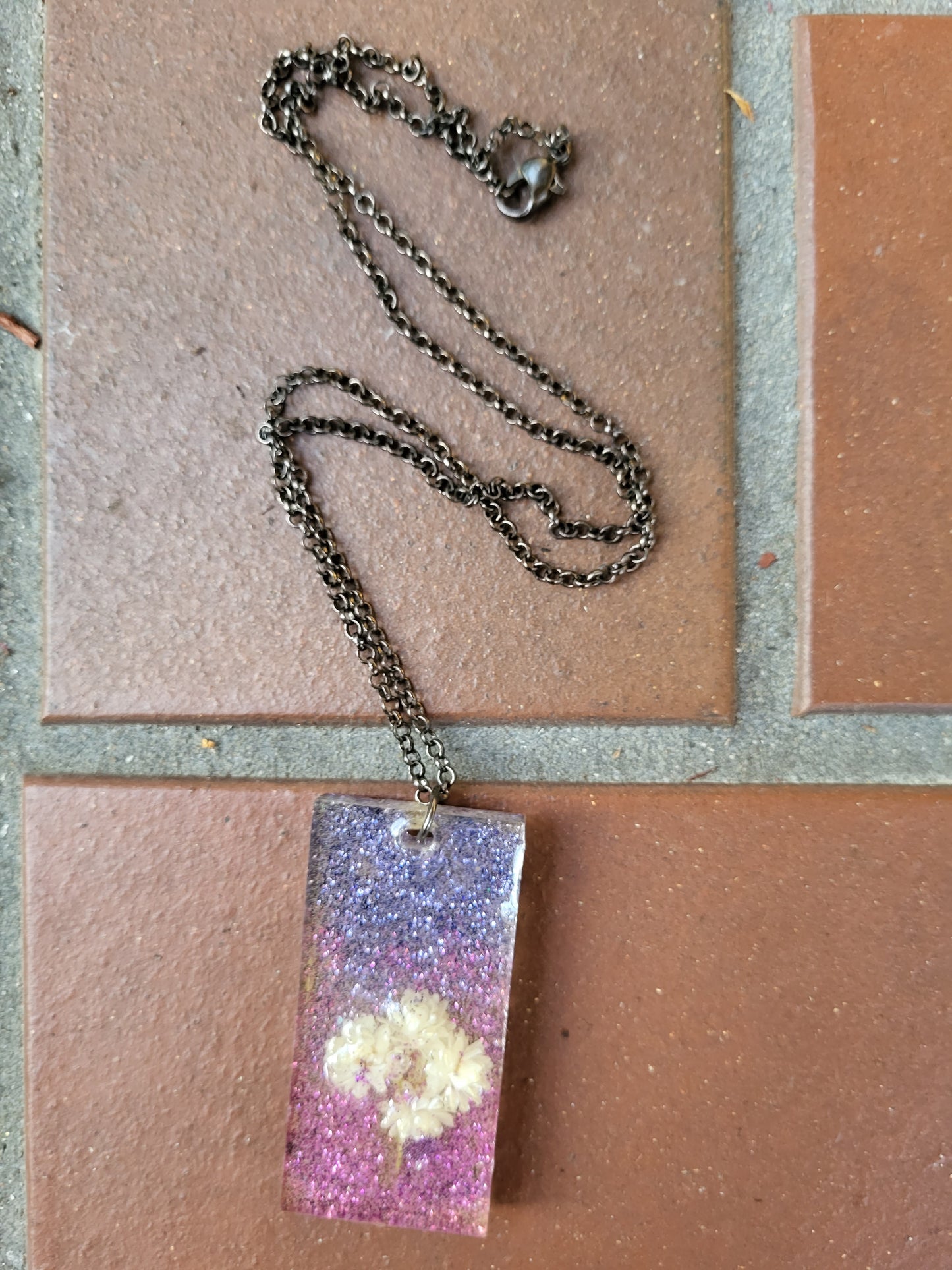 Pink And Purple Rectangle Necklace With Real Flowers