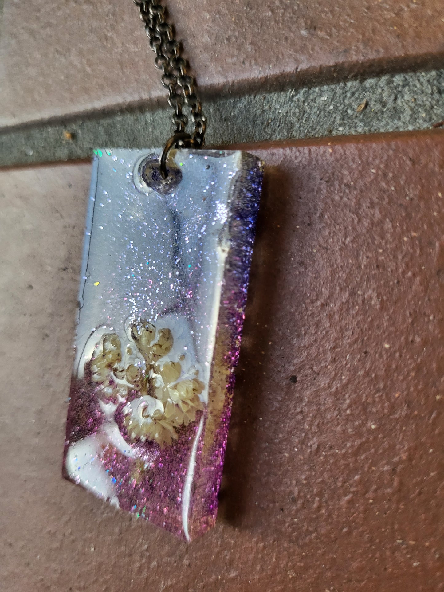 Pink And Purple Rectangle Necklace With Real Flowers