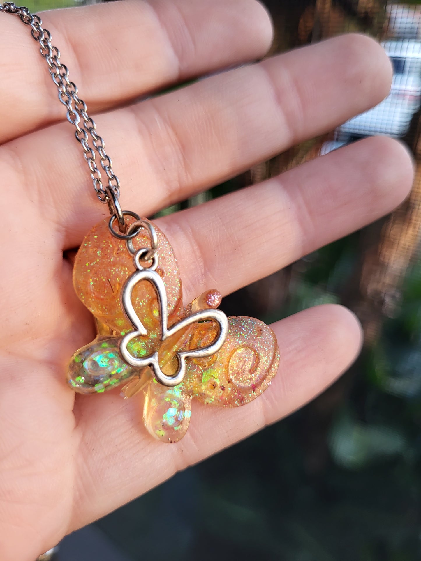 Orange Butterfly Pendant With Butterfly Charm