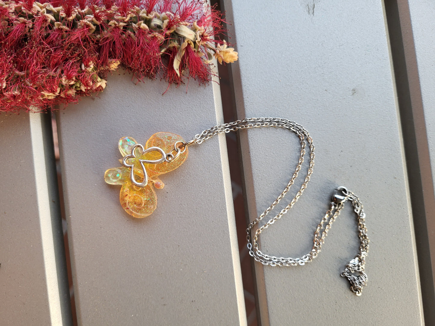 Orange Butterfly Pendant With Butterfly Charm