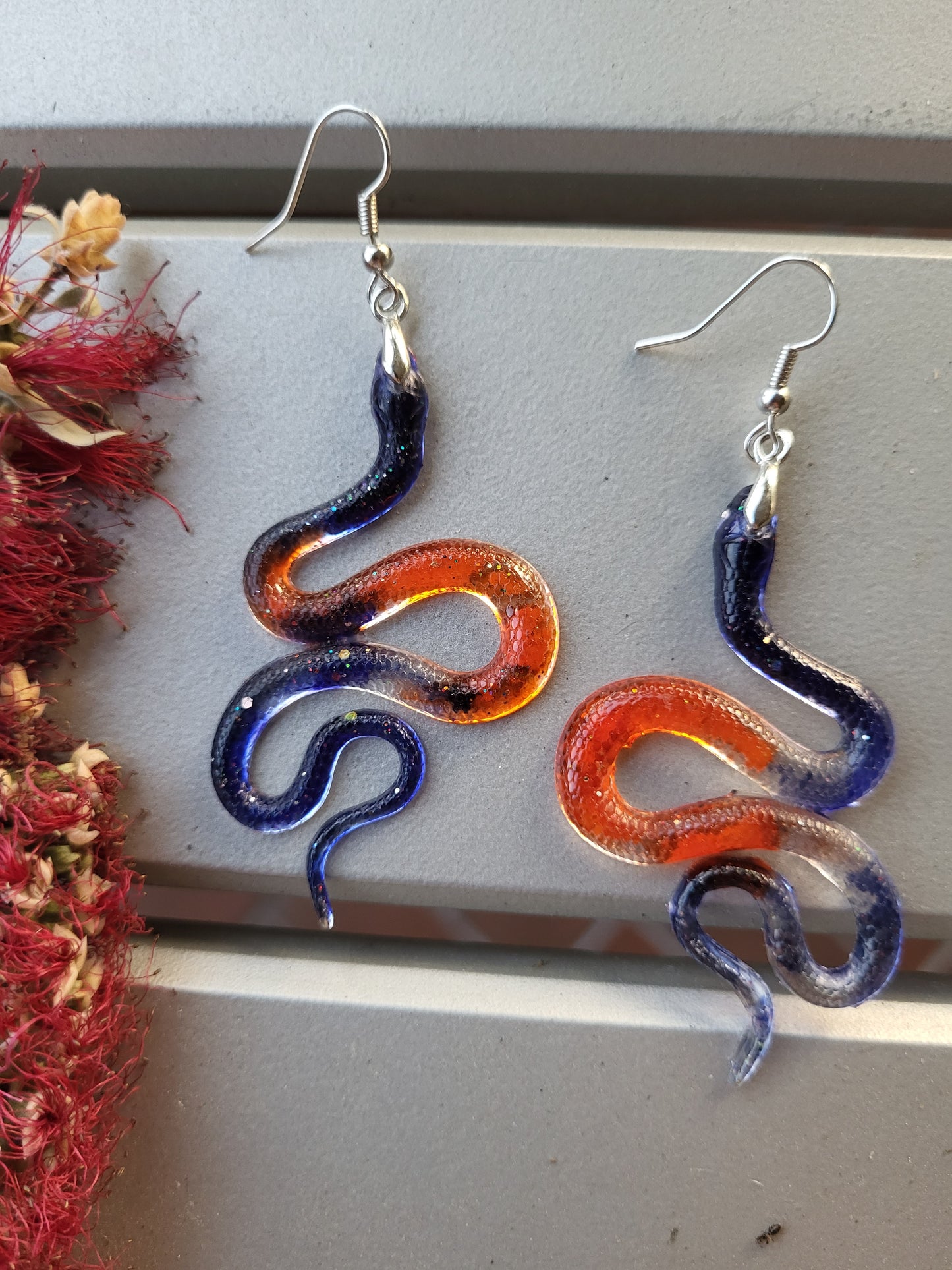 Orange and Blue Snake Hook Earrings