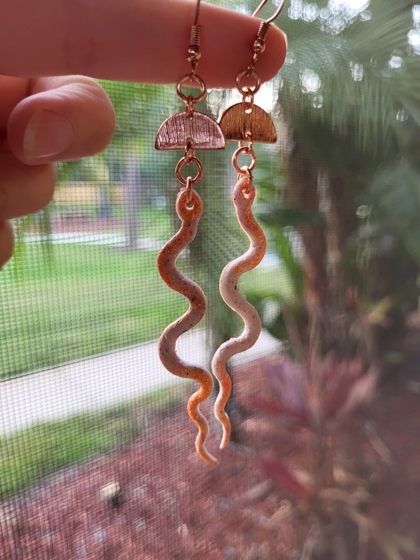 Orange and White Clay  Snake Hook Earrings