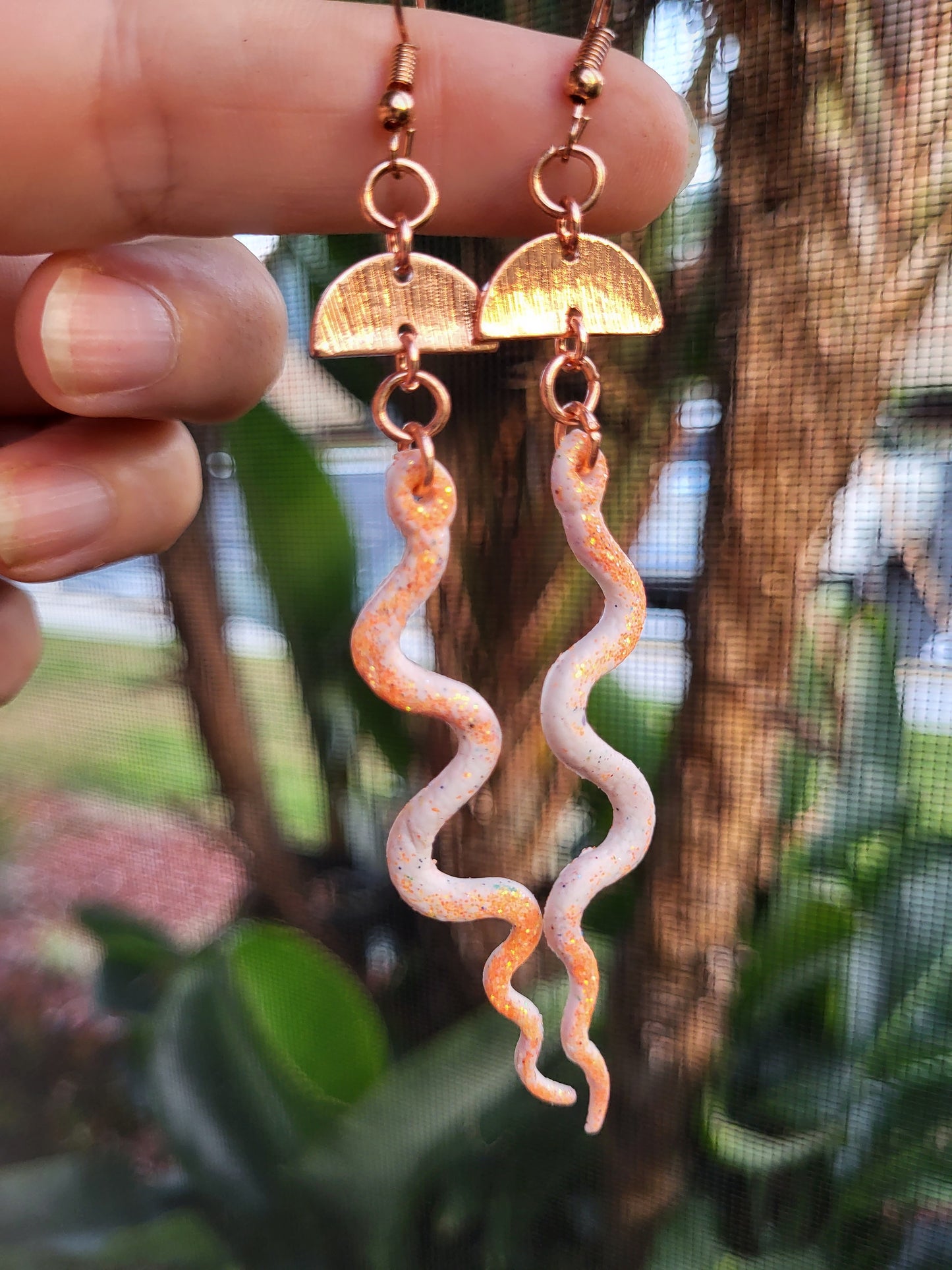 Orange and White Clay  Snake Hook Earrings