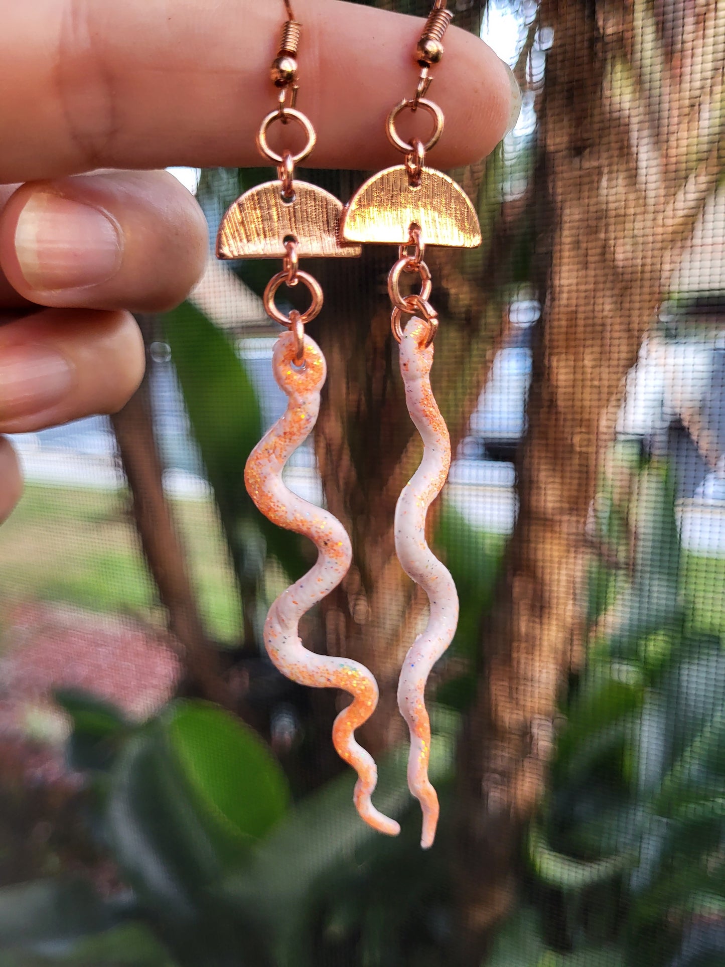 Orange and White Clay  Snake Hook Earrings