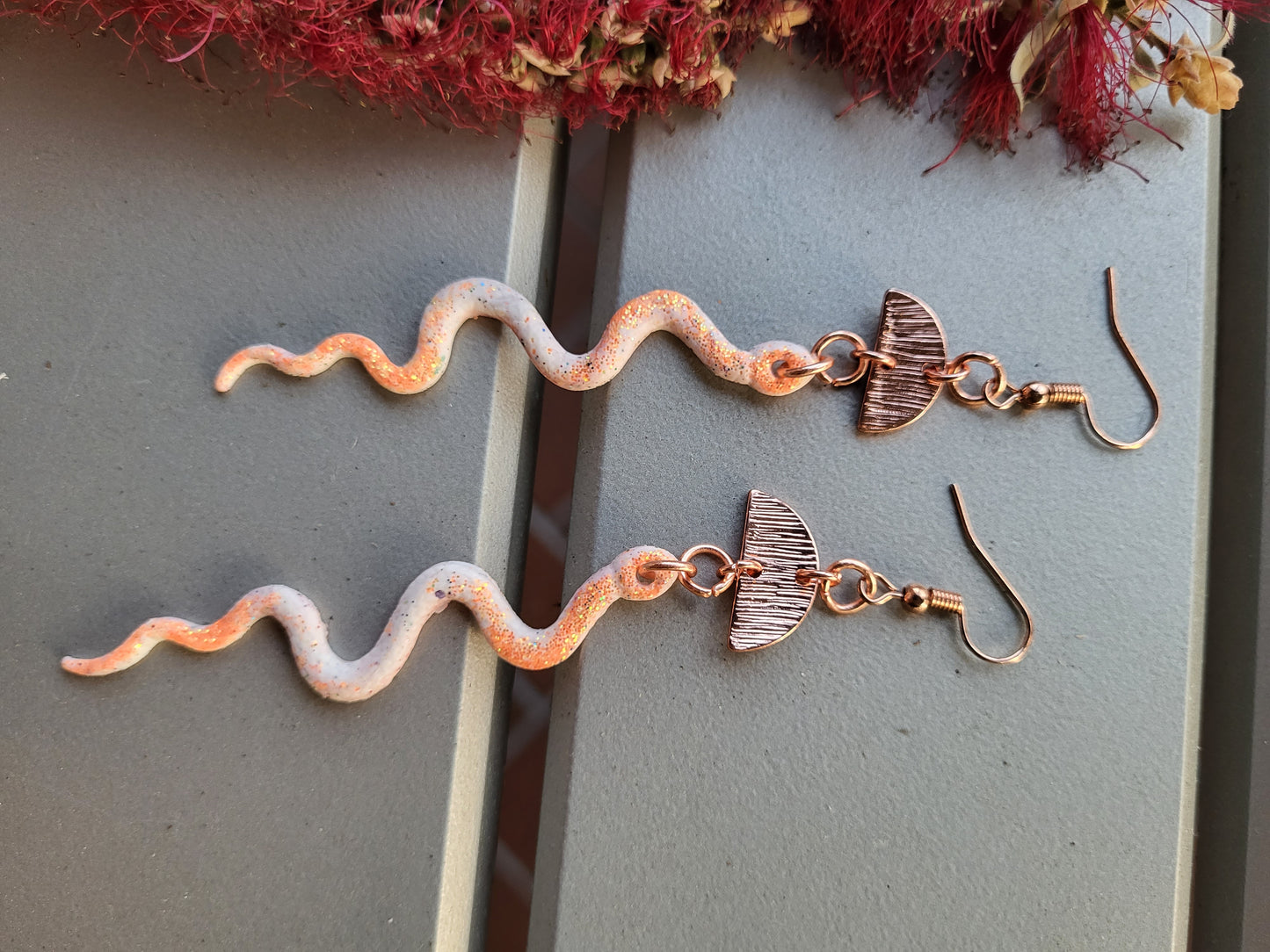 Orange and White Clay  Snake Hook Earrings