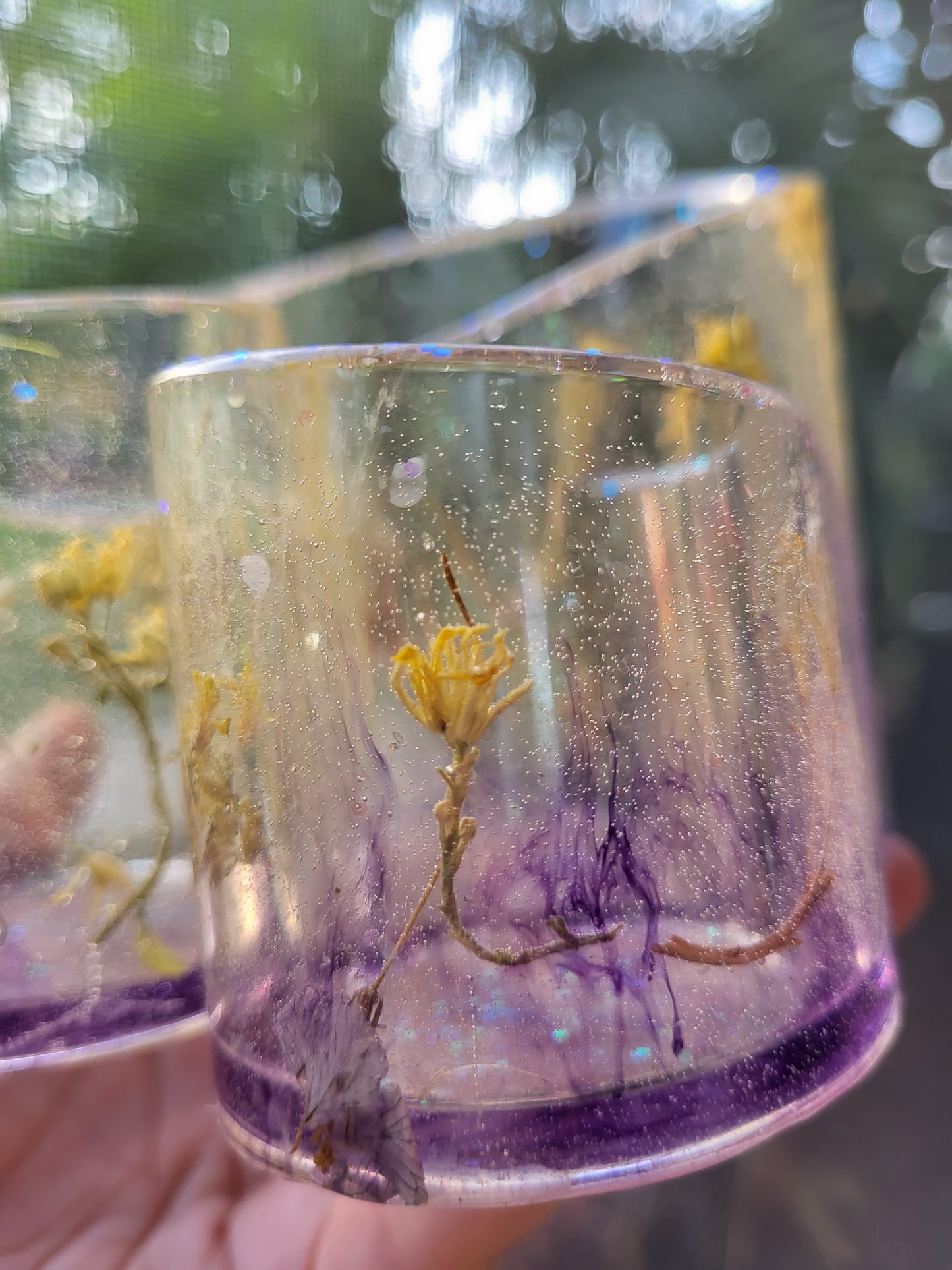 Purple and Yellow Make-Up Brush/Pencil Holder with Real Flowers