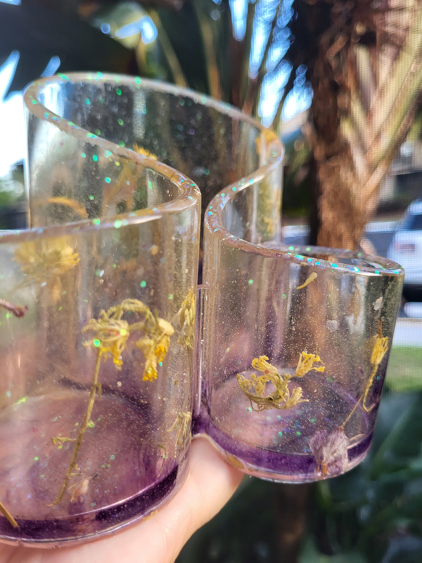 Purple and Yellow Make-Up Brush/Pencil Holder with Real Flowers