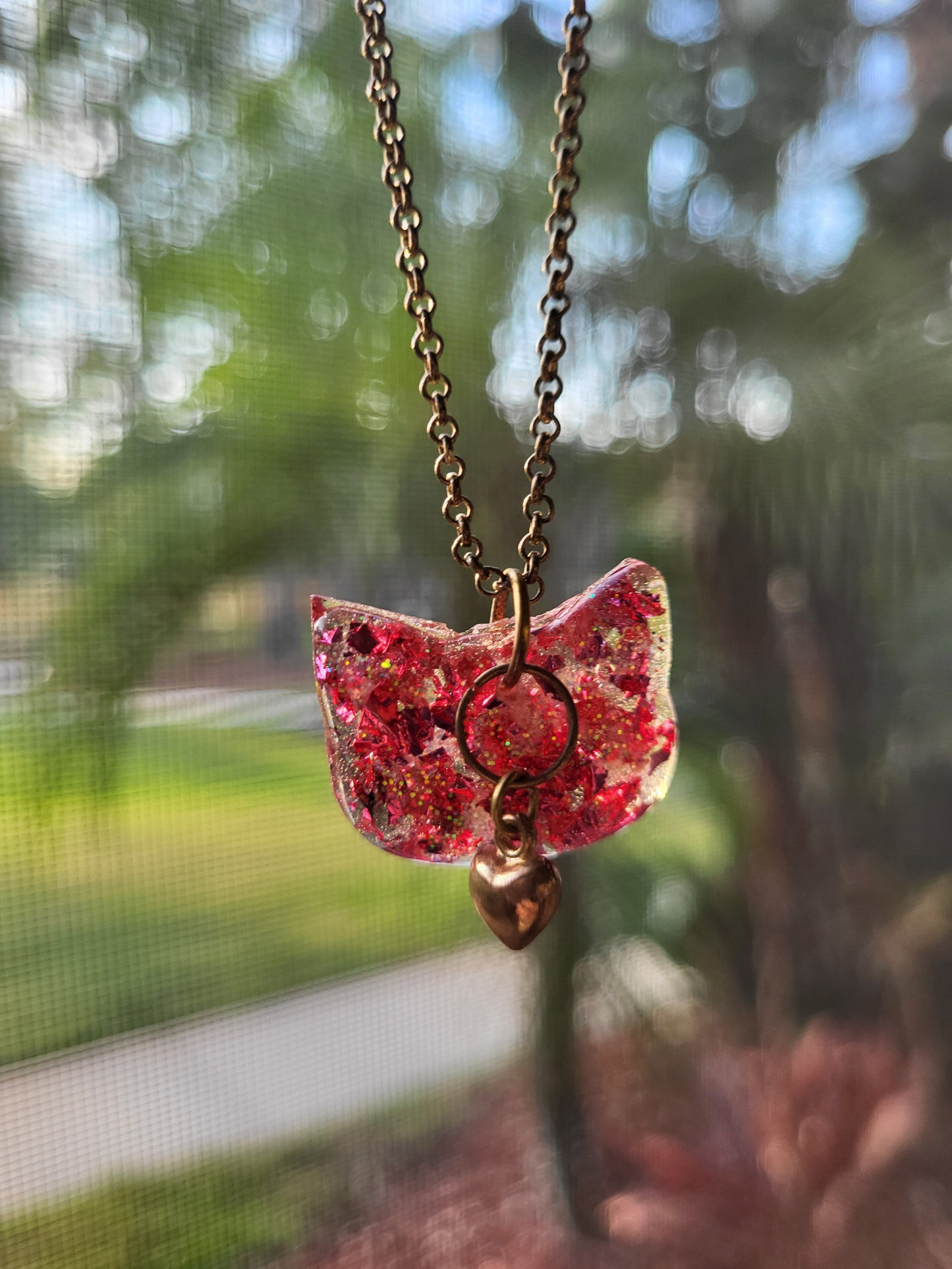 Pink Cat Pendant with Heart Charm