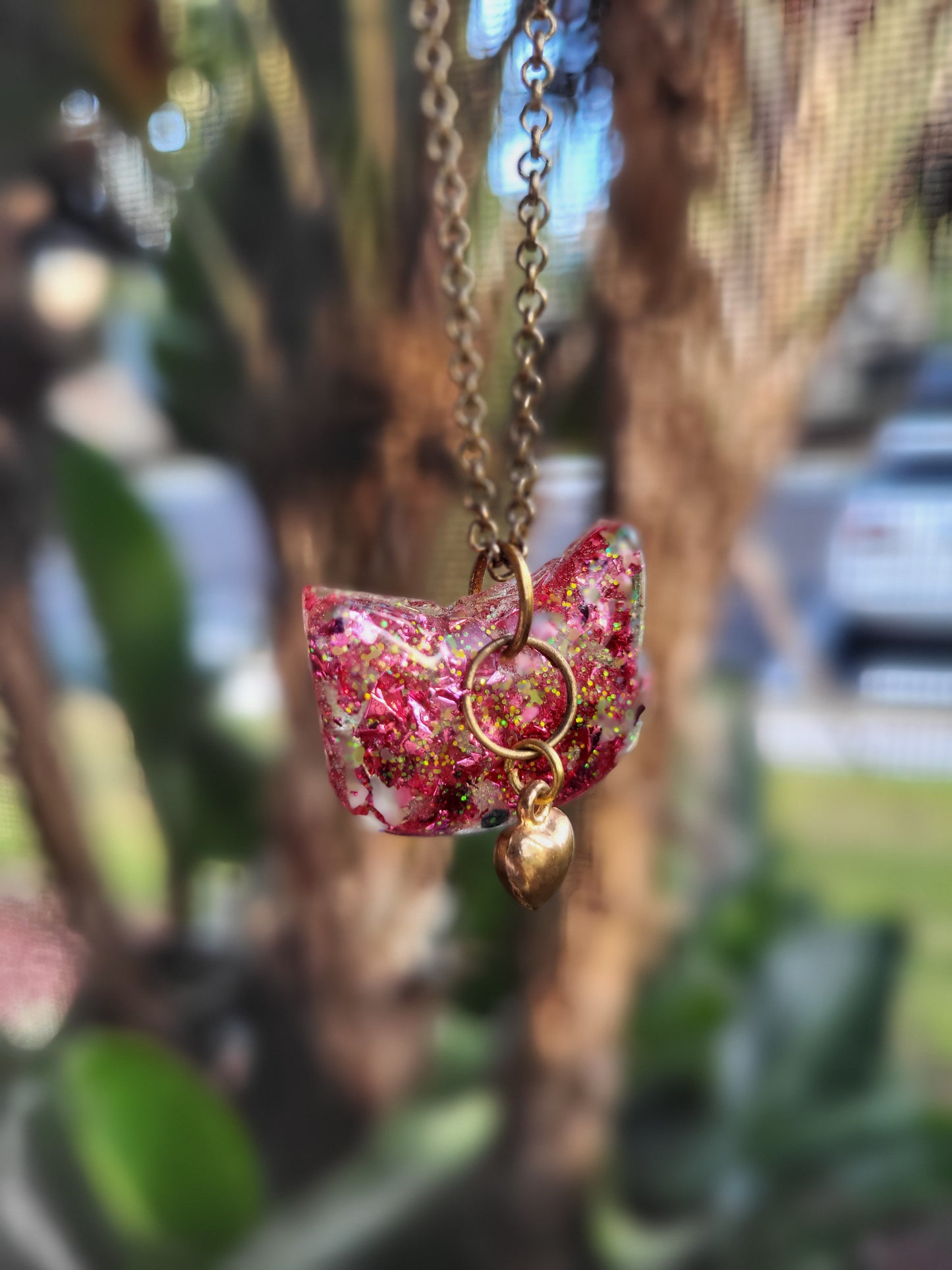 Pink Cat Pendant with Heart Charm