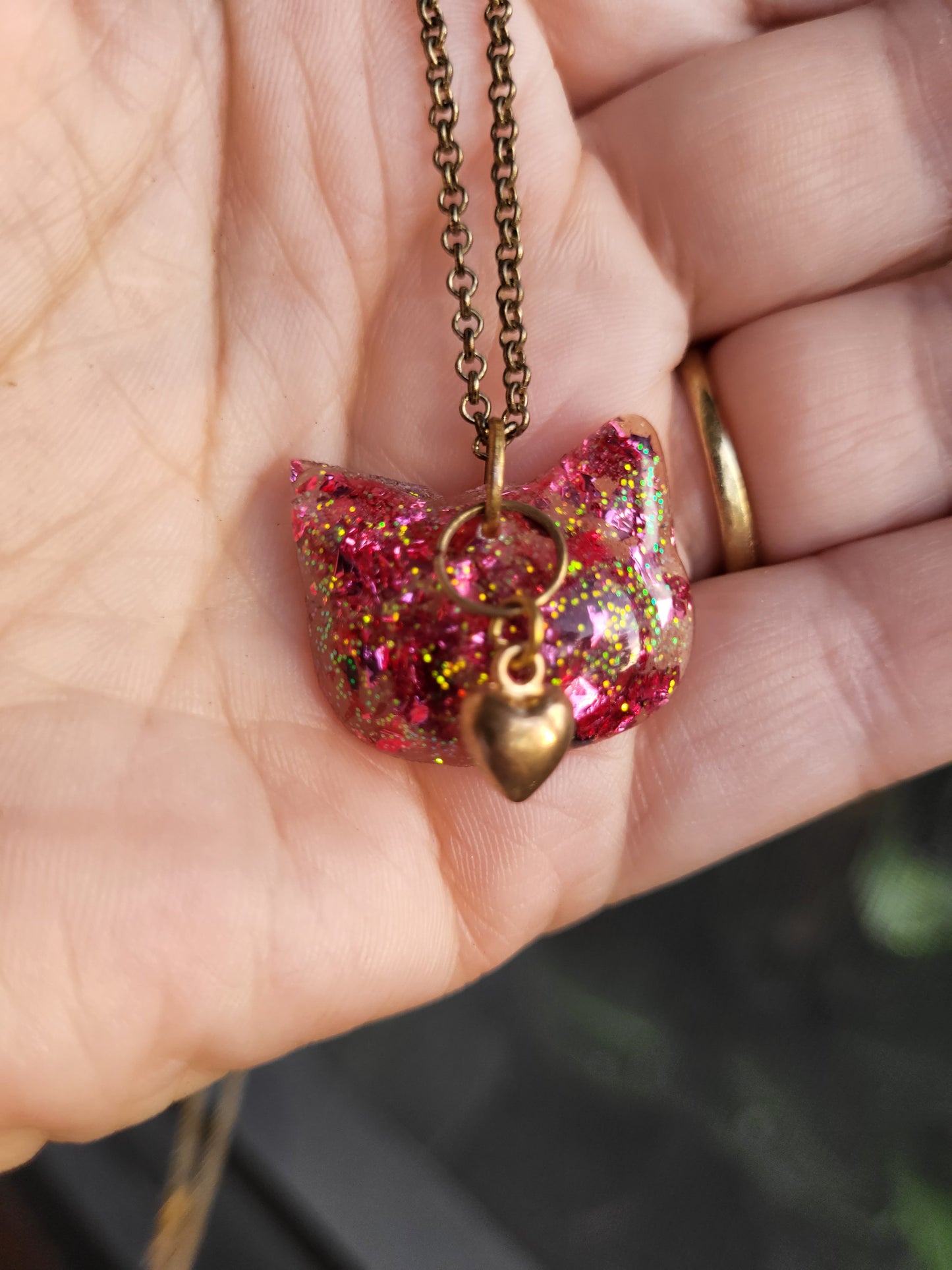 Pink Cat Pendant with Heart Charm