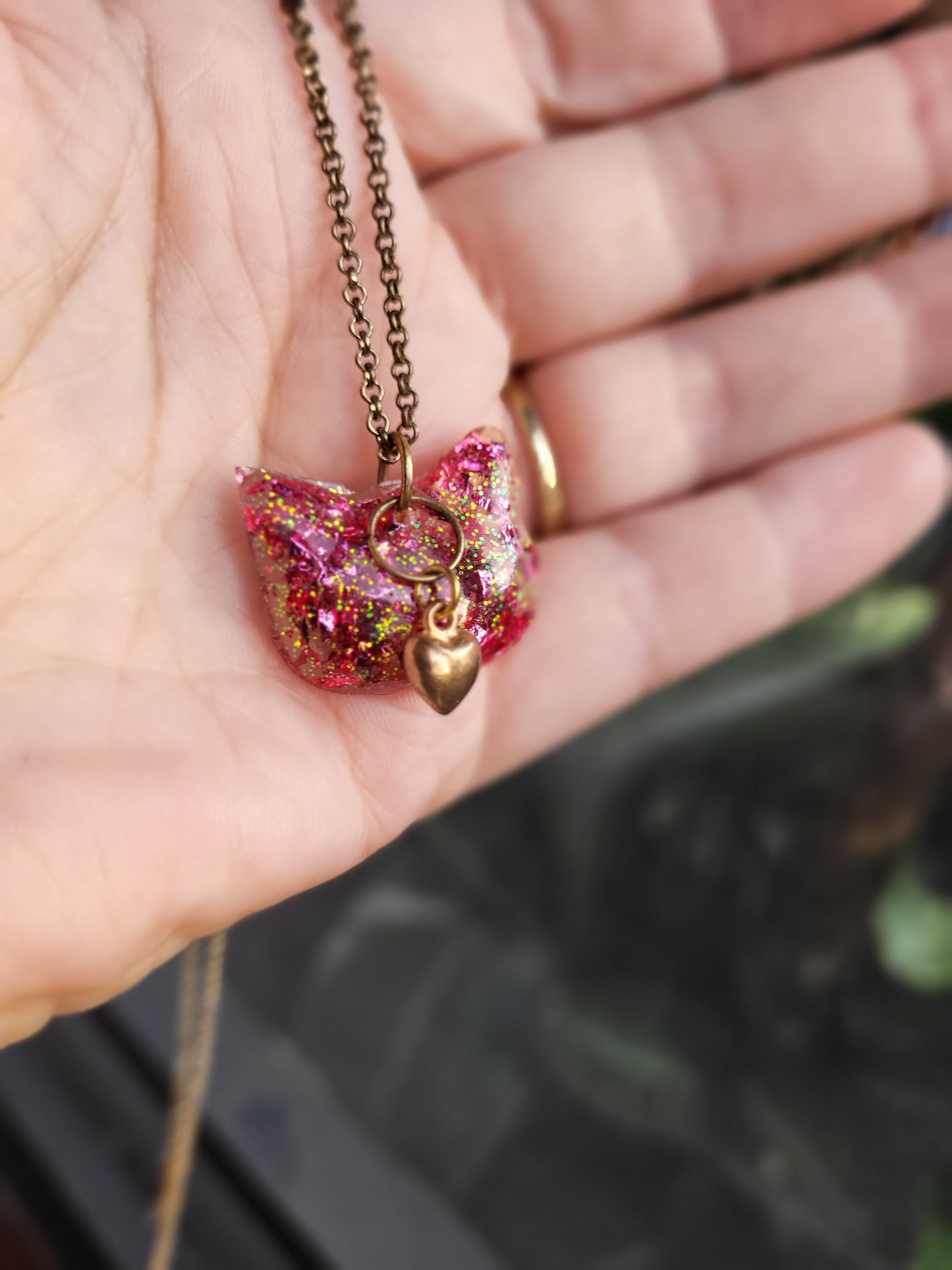 Pink Cat Pendant with Heart Charm