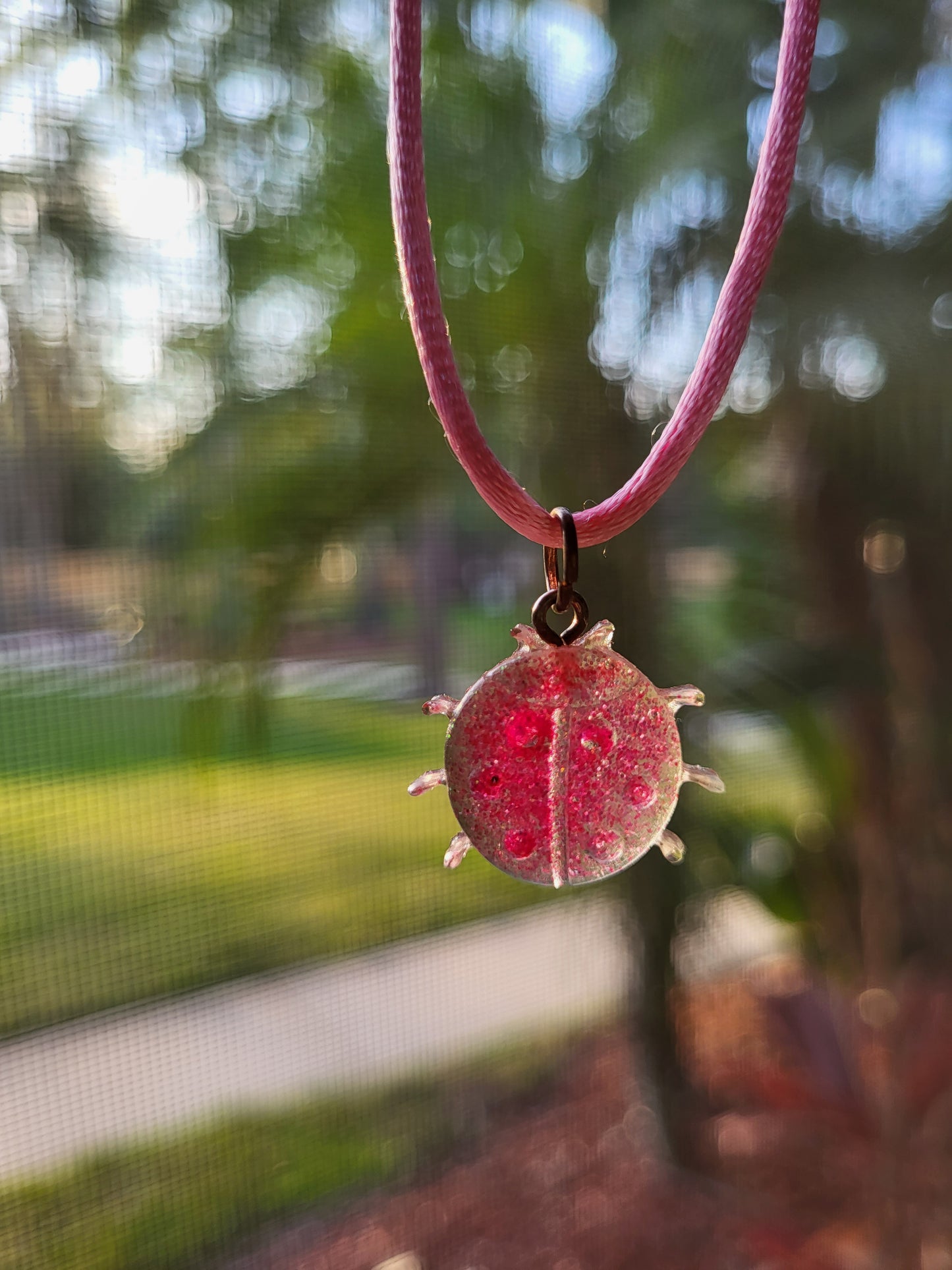 Pink Ladybug Pendant on Pink Cord