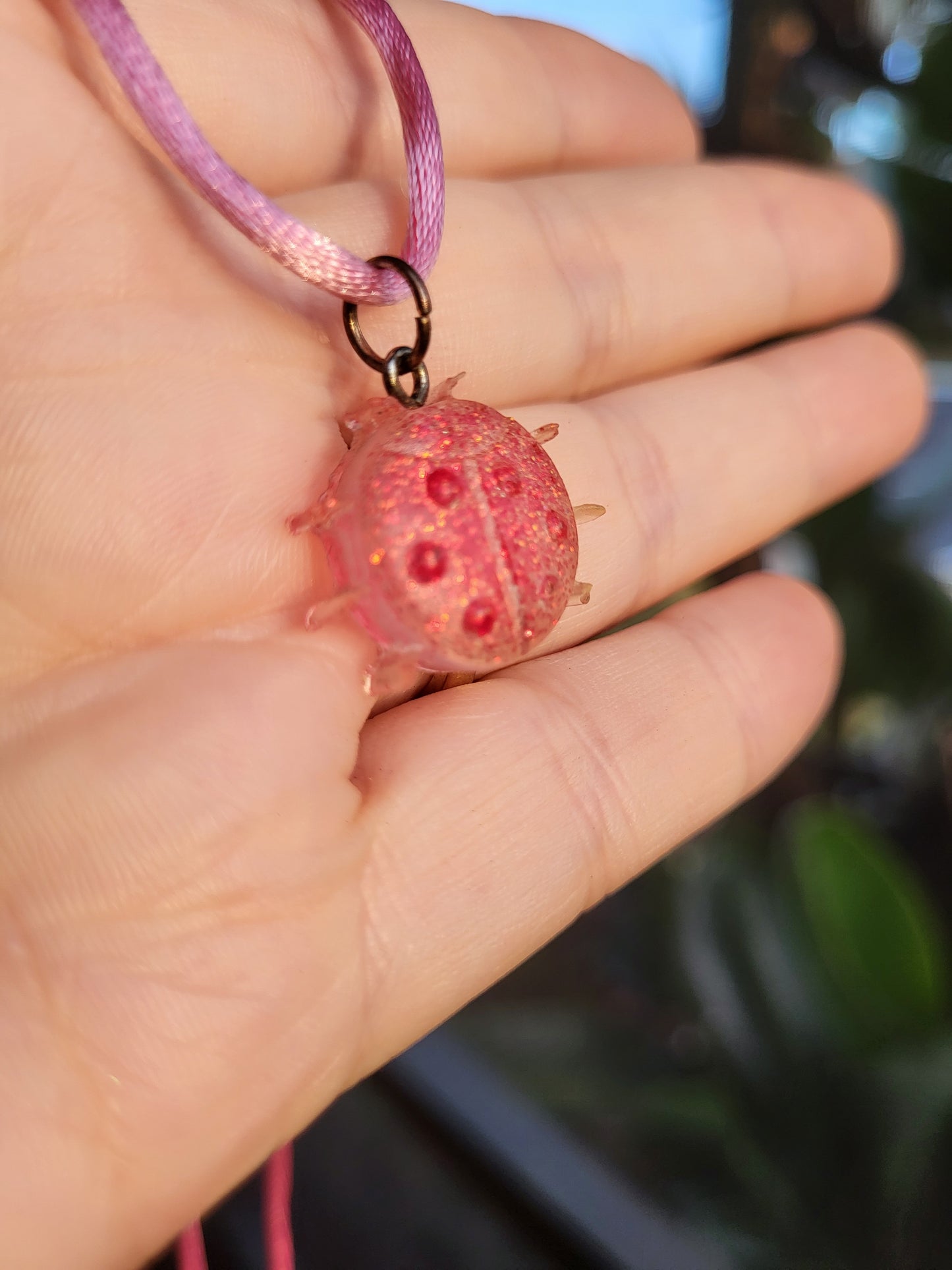 Pink Ladybug Pendant on Pink Cord