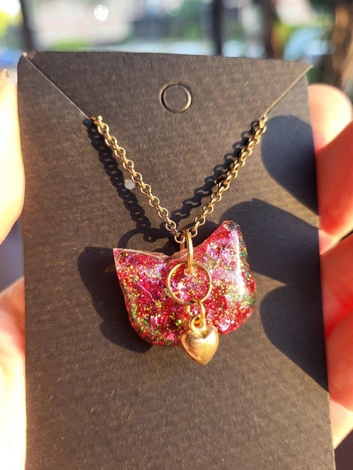 Pink Cat Pendant with Heart Charm