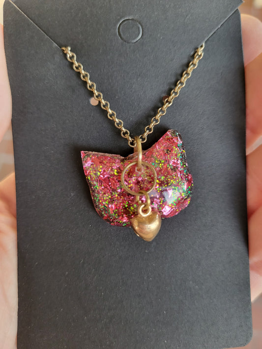 Pink Cat Pendant with Heart Charm