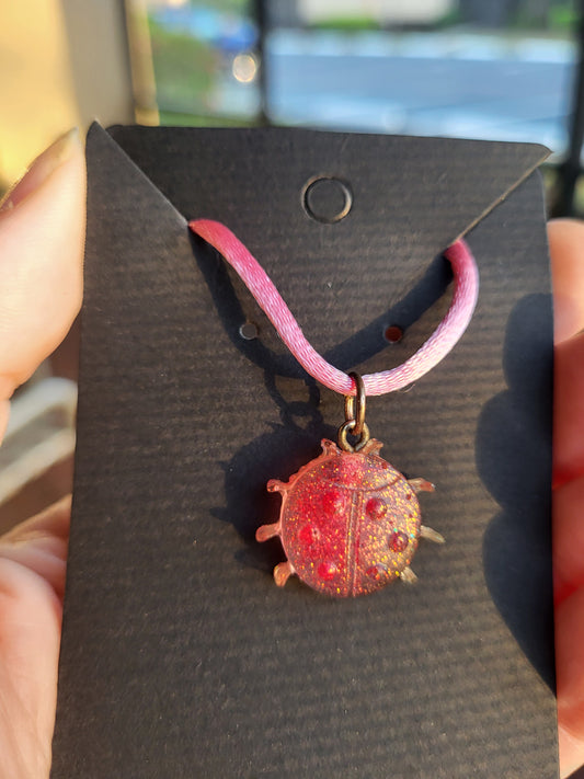 Pink Ladybug Pendant on Pink Cord